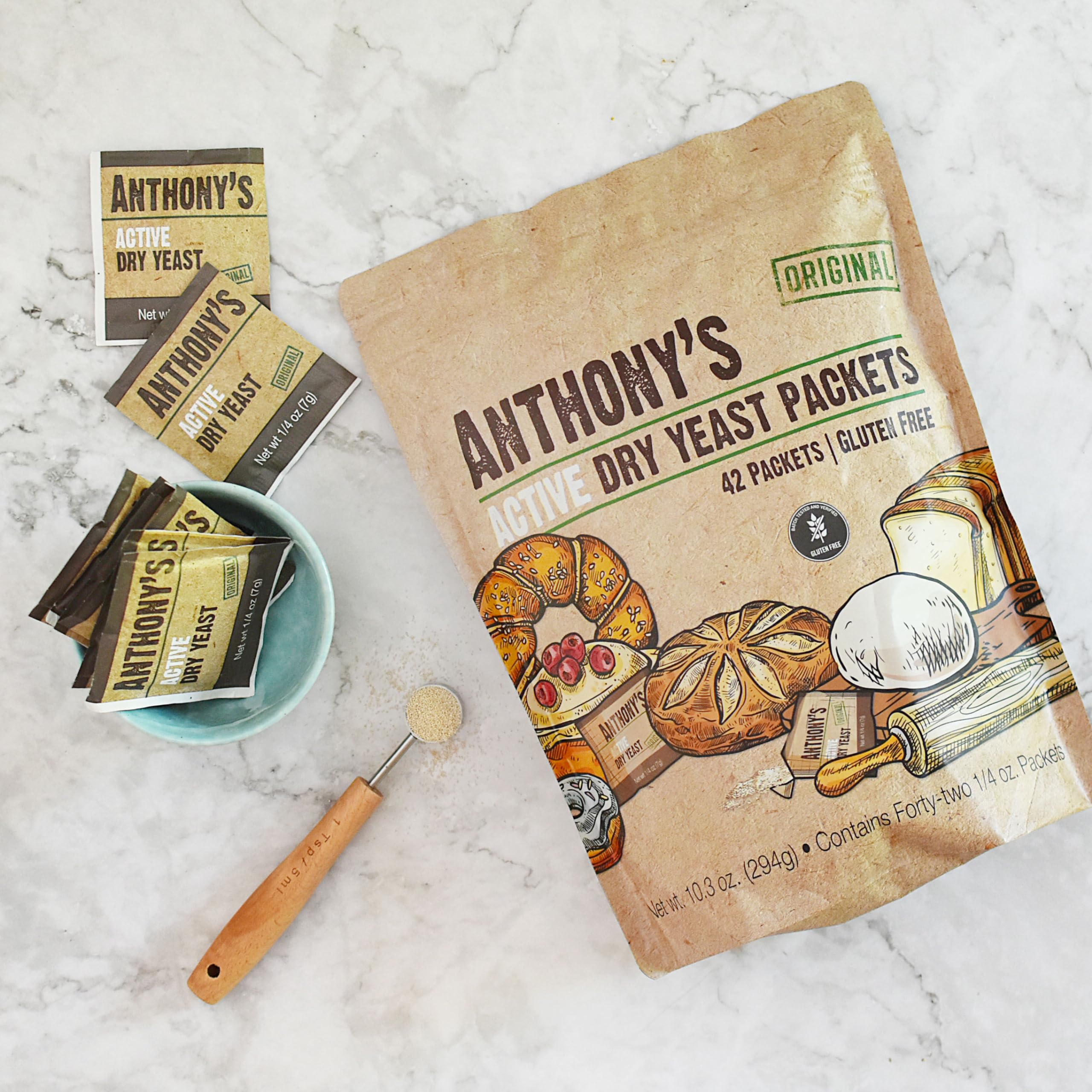 Anthony's yeast packets in bowl with dough rising demonstration