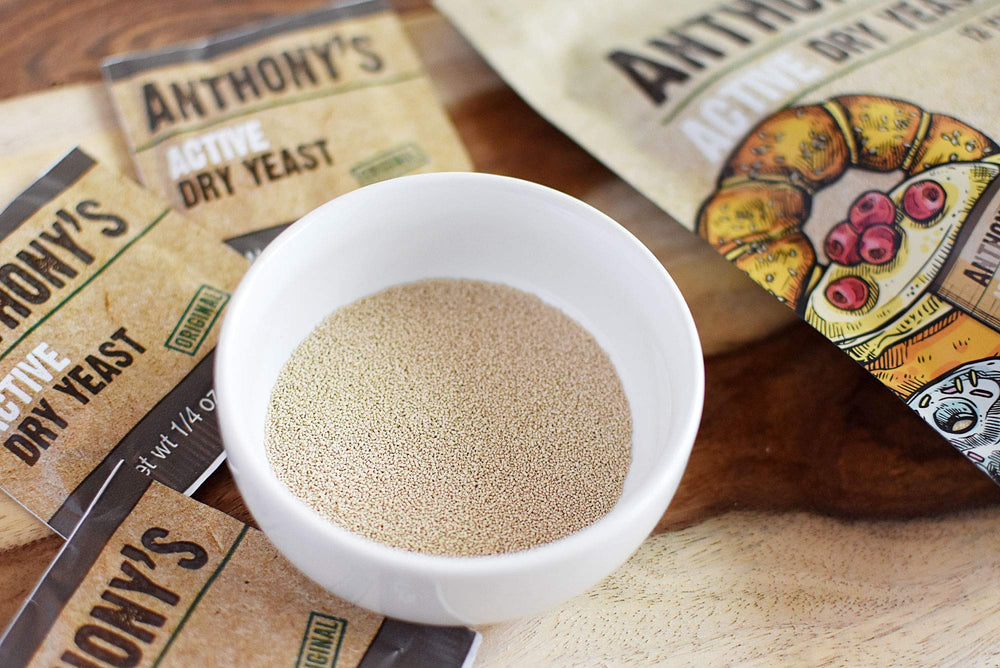 Anthony's yeast packets on kitchen counter for quick bread prep
