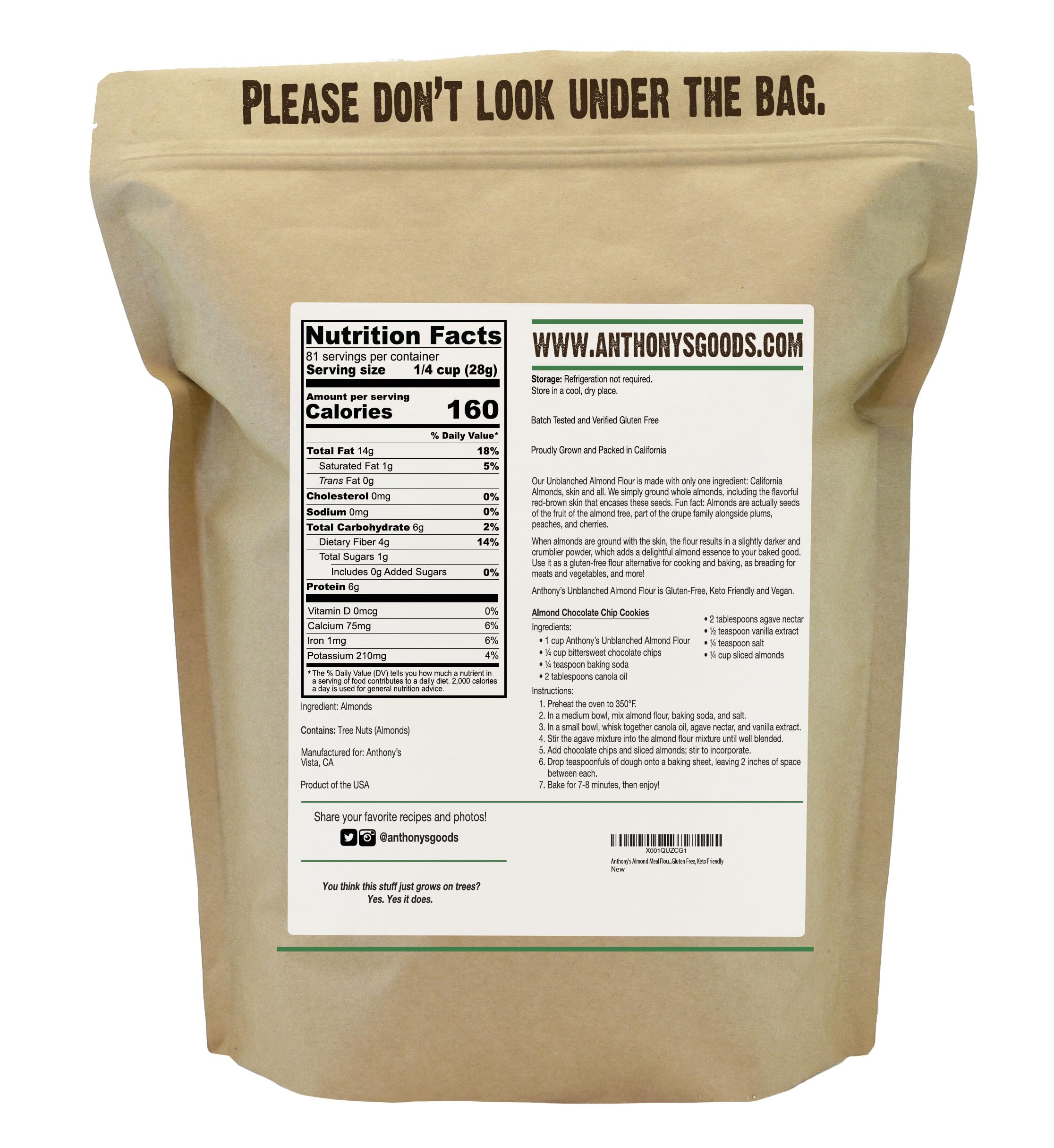 Close-up of Anthonys Almond Meal Flour bag showing rich texture