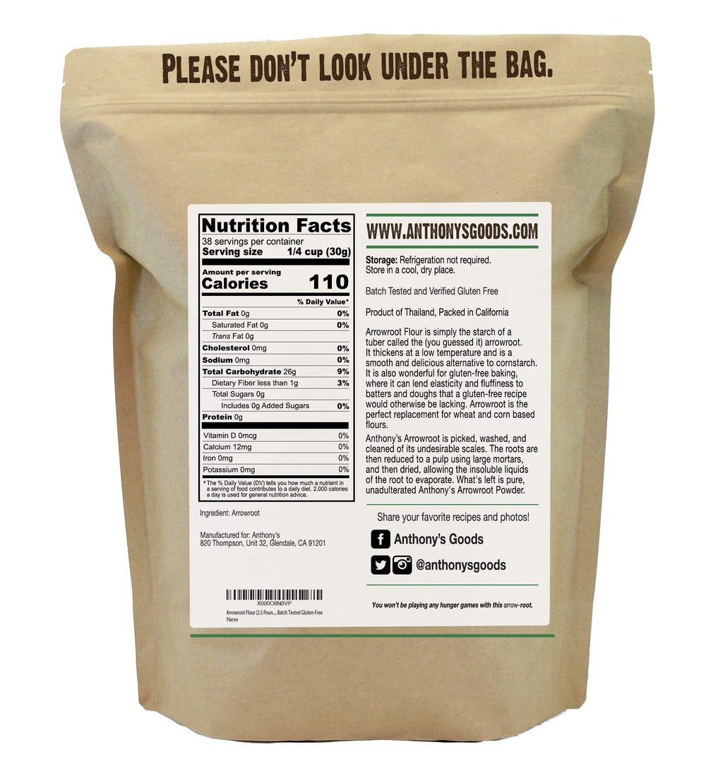 Packaging of Anthony's Arrowroot flour powder, 2.5 lb, convenient gluten-free baking helper.