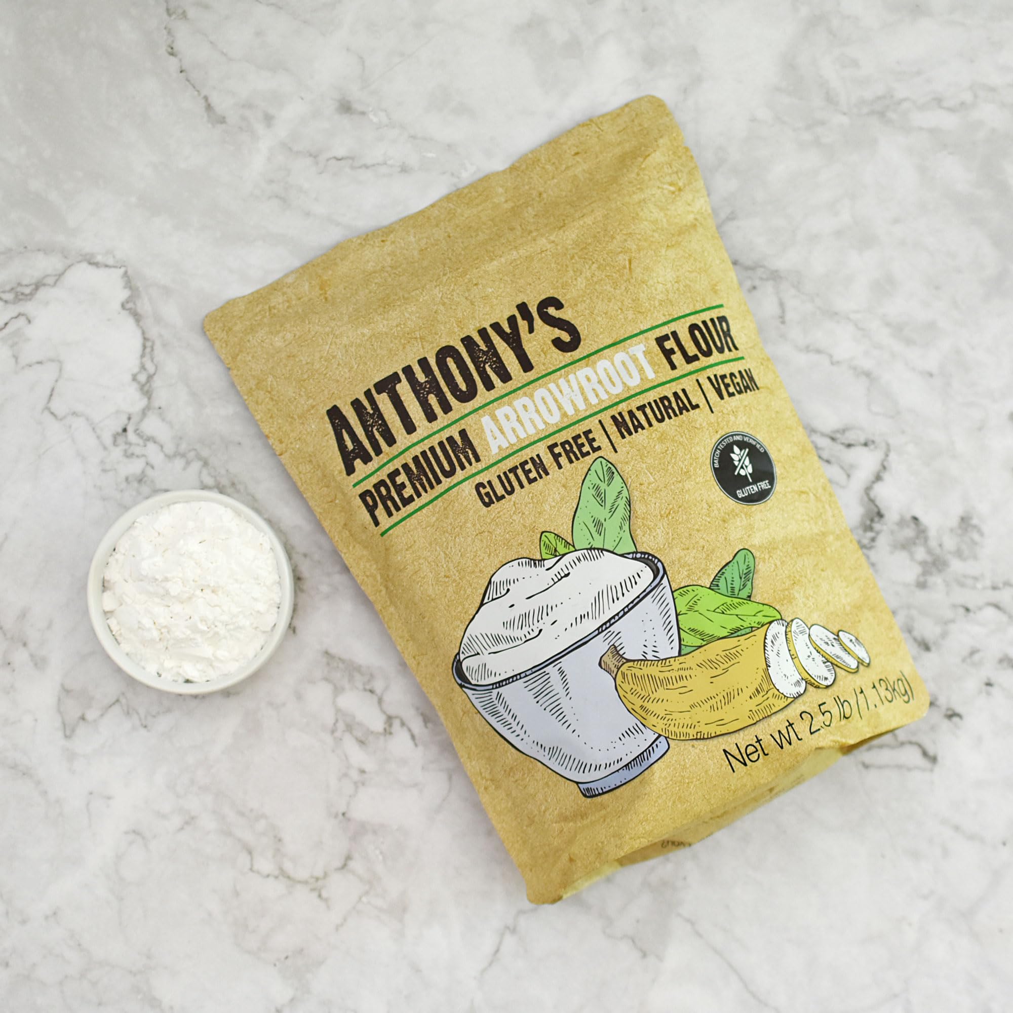 Dough bowl with Anthony's Arrowroot flour powder shows binding and texture enhancement.
