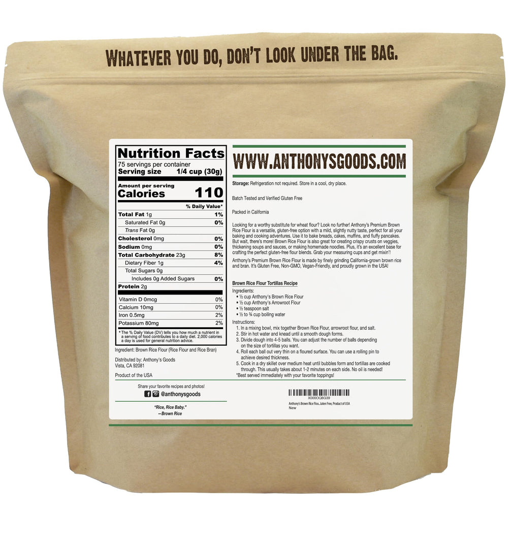 Anthony's Brown Rice Flour bag front emphasizing USA-made, vegan, non-GMO quality.