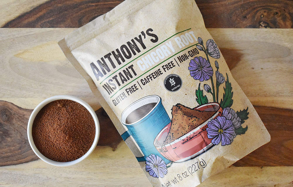 Anthony's chicory powder over ice; ideal for refreshing cold drinks.