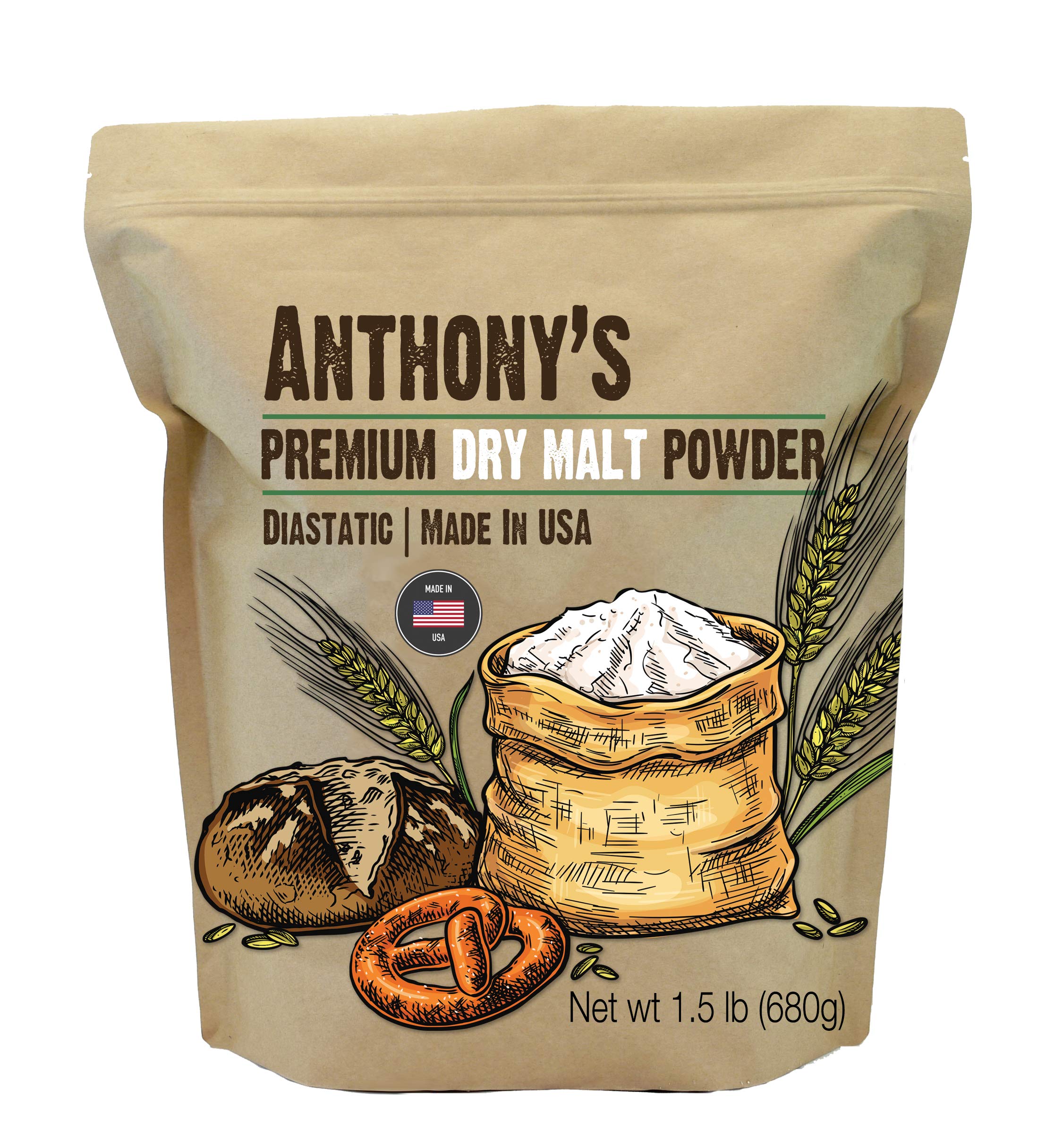 Anthony's diastatic dry malt powder bag displaying packaging for better flavor and rise.