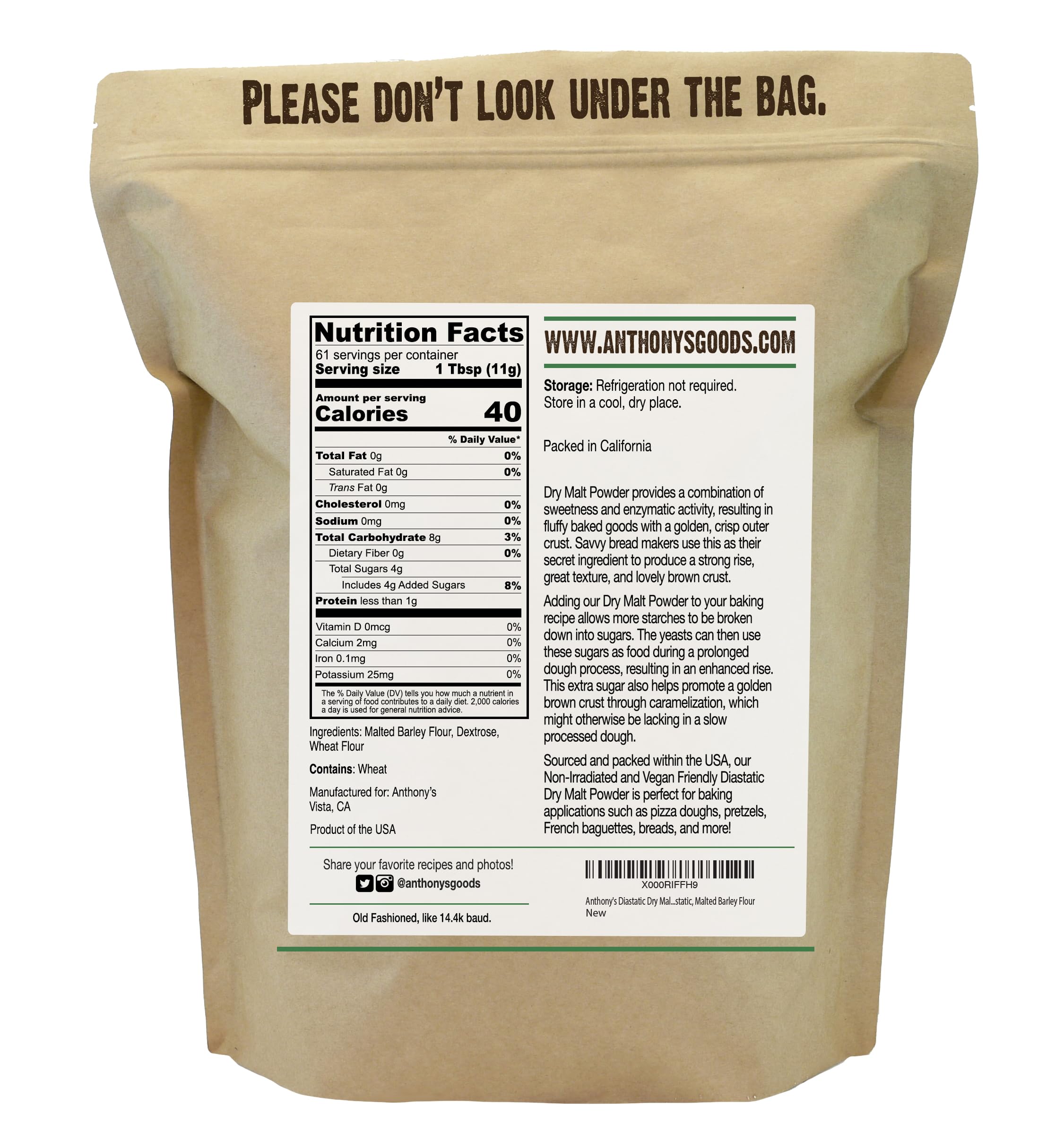 Anthony's diastatic dry malt powder bottle showing enzymatic activity for dough development.