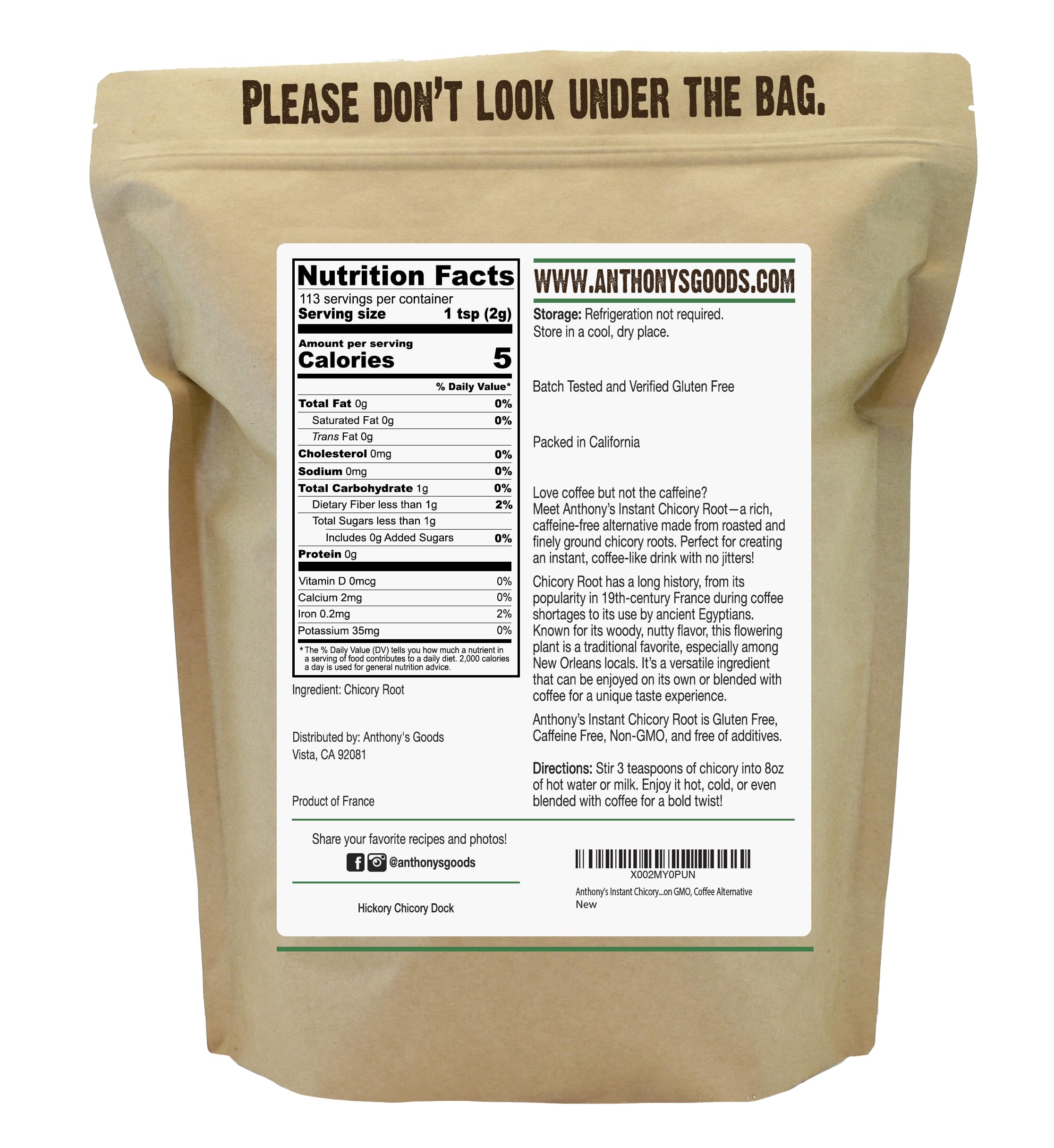 Anthony's chicory root powder jar closeup; rich flavor for hot or cold beverages.