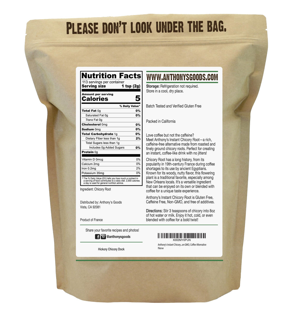 Anthony's chicory root powder jar closeup; rich flavor for hot or cold beverages.