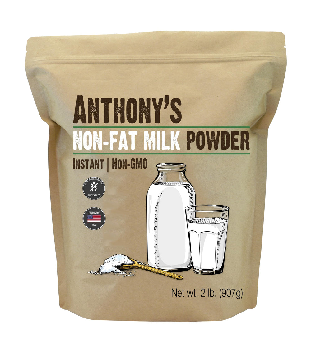 Anthony's non-fat milk powder 2 lb packaging, gluten-free pantry staple for cooking.