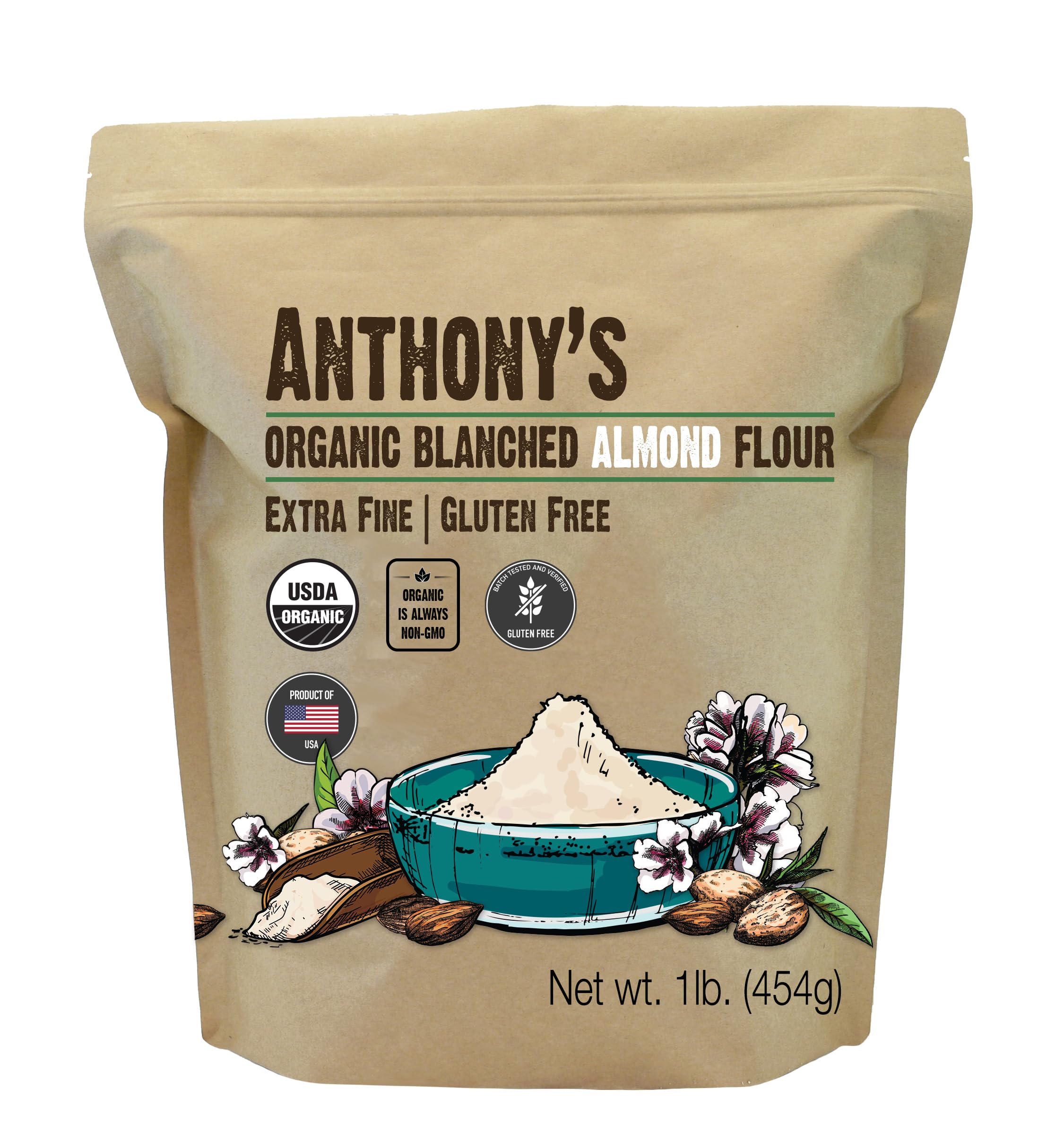 Anthony's Organic Almond Flour 1lb bag for gluten-free baking and keto-friendly recipes.