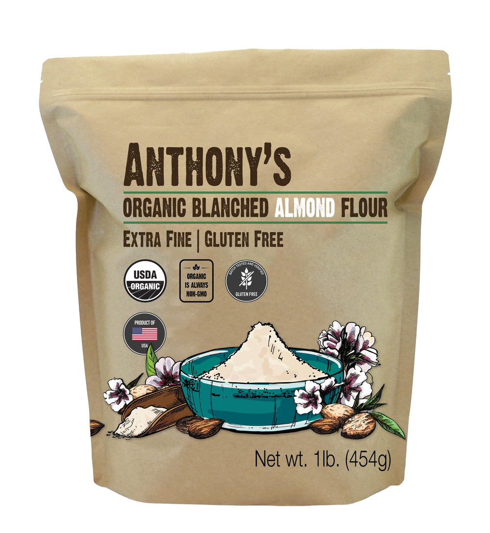 Anthony's Organic Almond Flour 1lb bag for gluten-free baking and keto-friendly recipes.