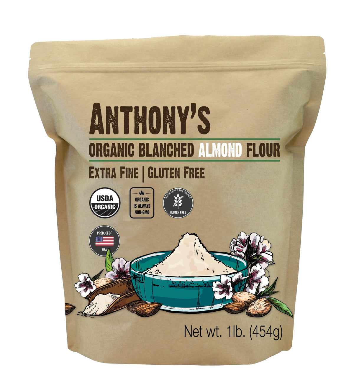 Anthony's Organic Almond Flour 1lb bag for gluten-free baking and keto-friendly recipes.