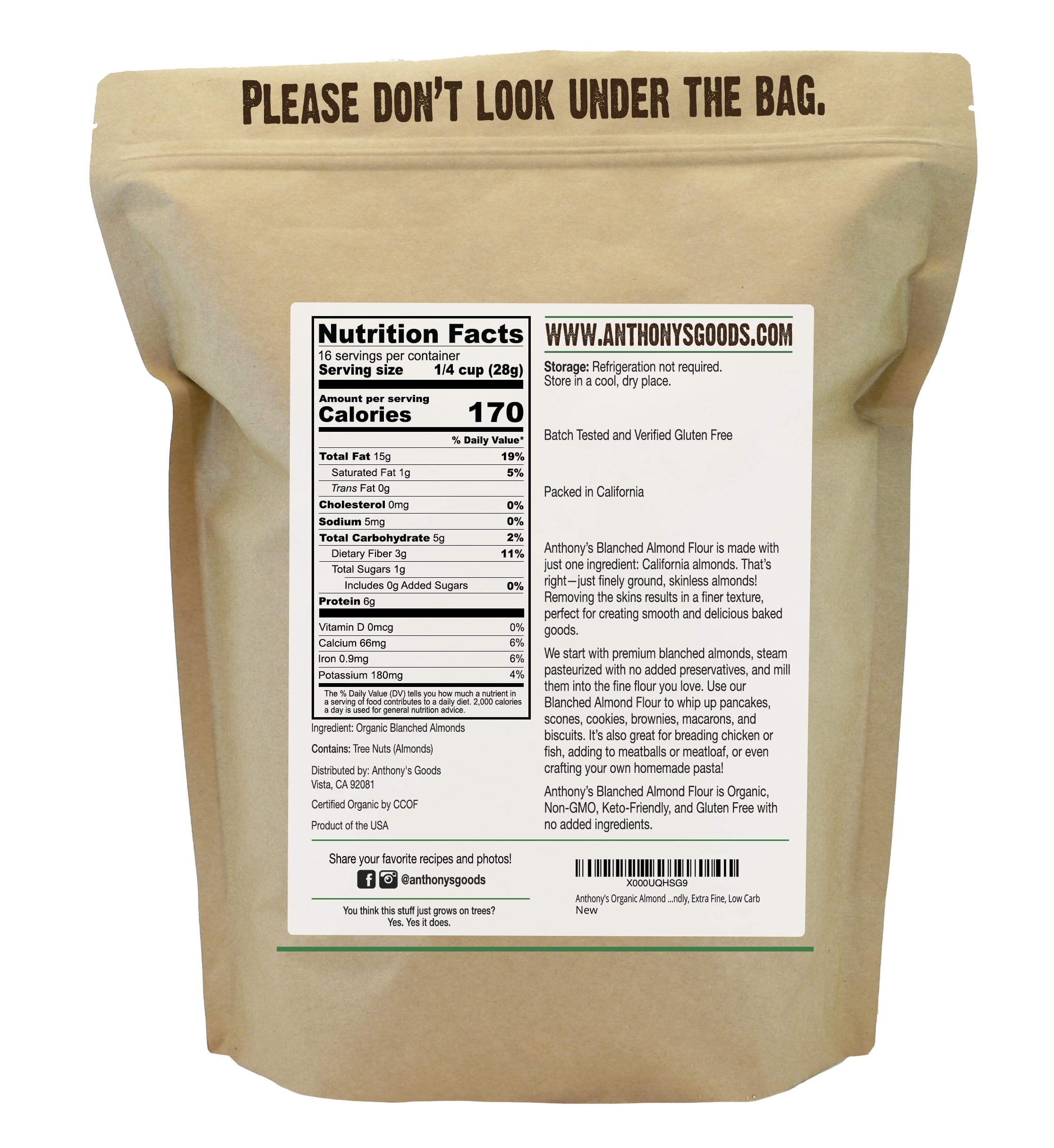 Anthony's Organic Almond Flour side-view bag highlighting premium blanched nuts for smooth textures.