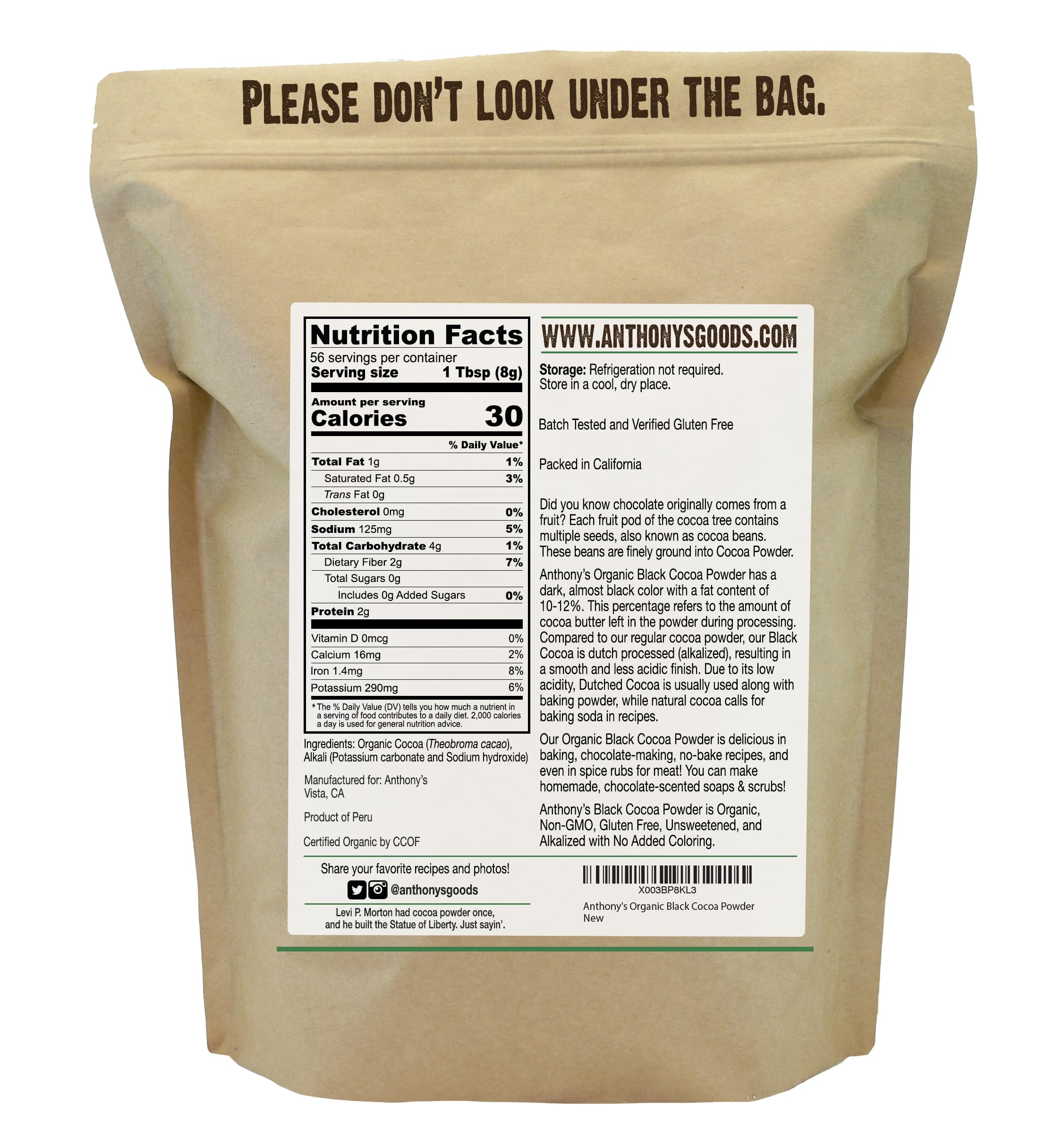 Anthony's organic black cocoa powder packaging highlights dutch-processed quality for baking.