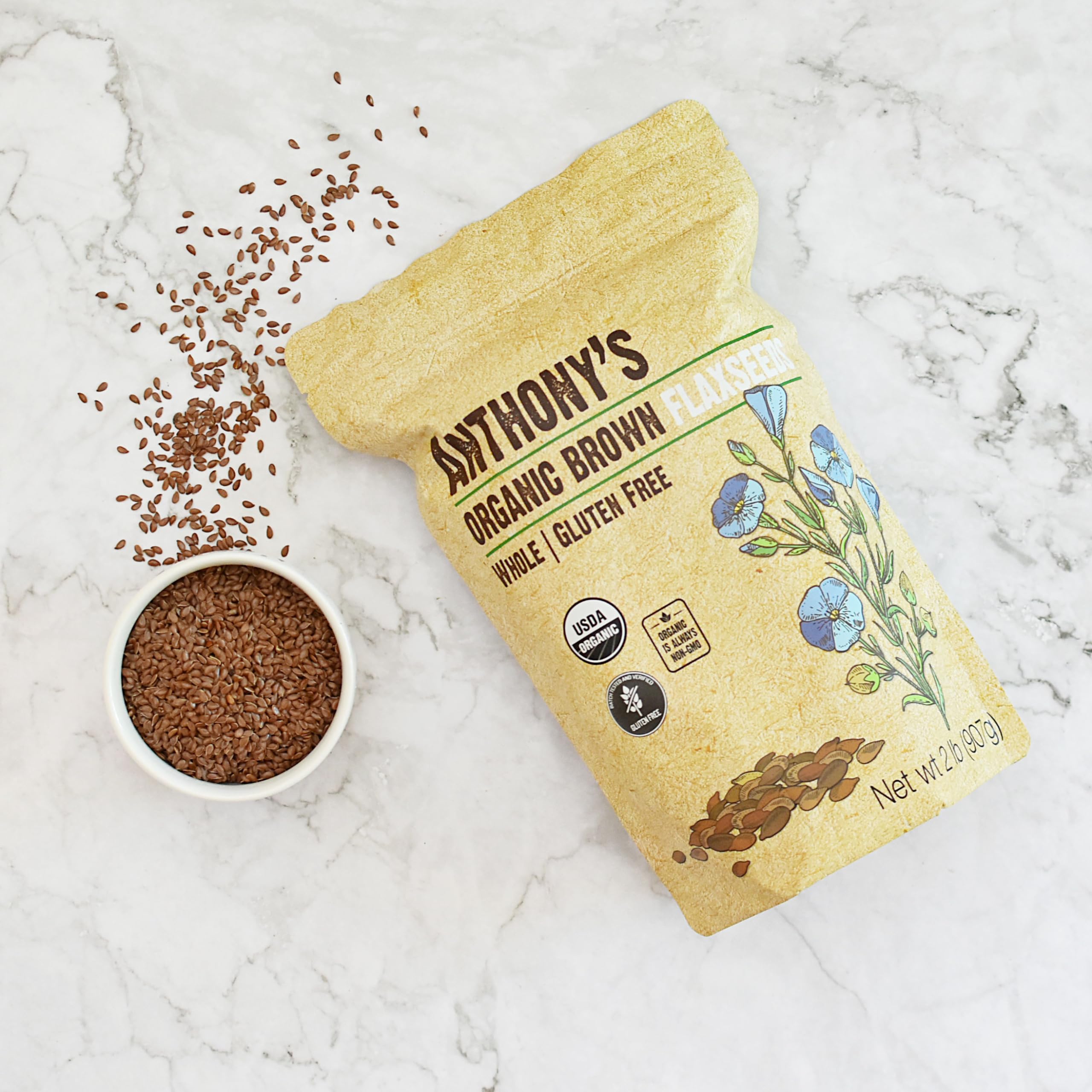 Anthony's Organic Brown Flaxseed packaging label highlights organic and gluten-free quality.