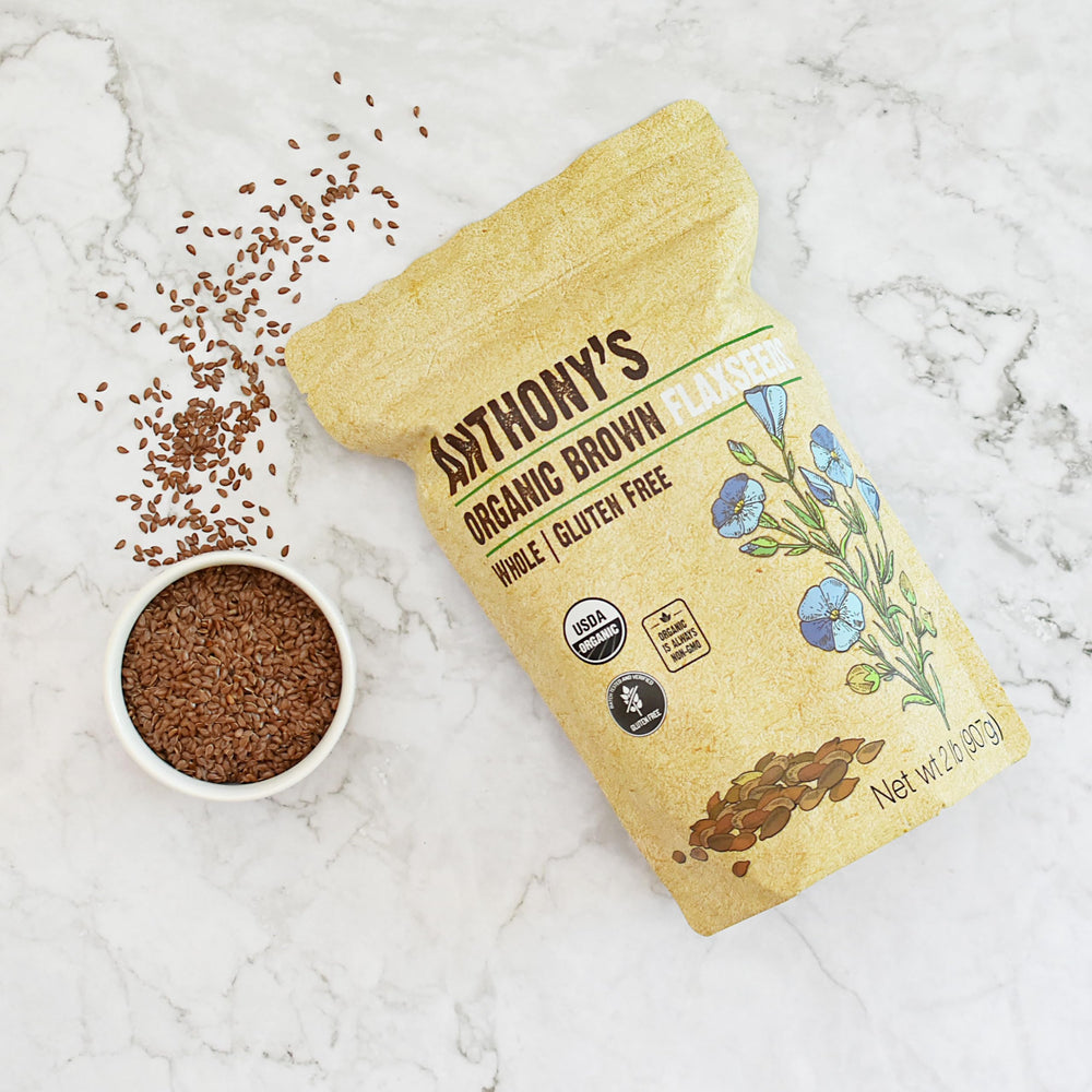 Anthony's Organic Brown Flaxseed packaging label highlights organic and gluten-free quality.