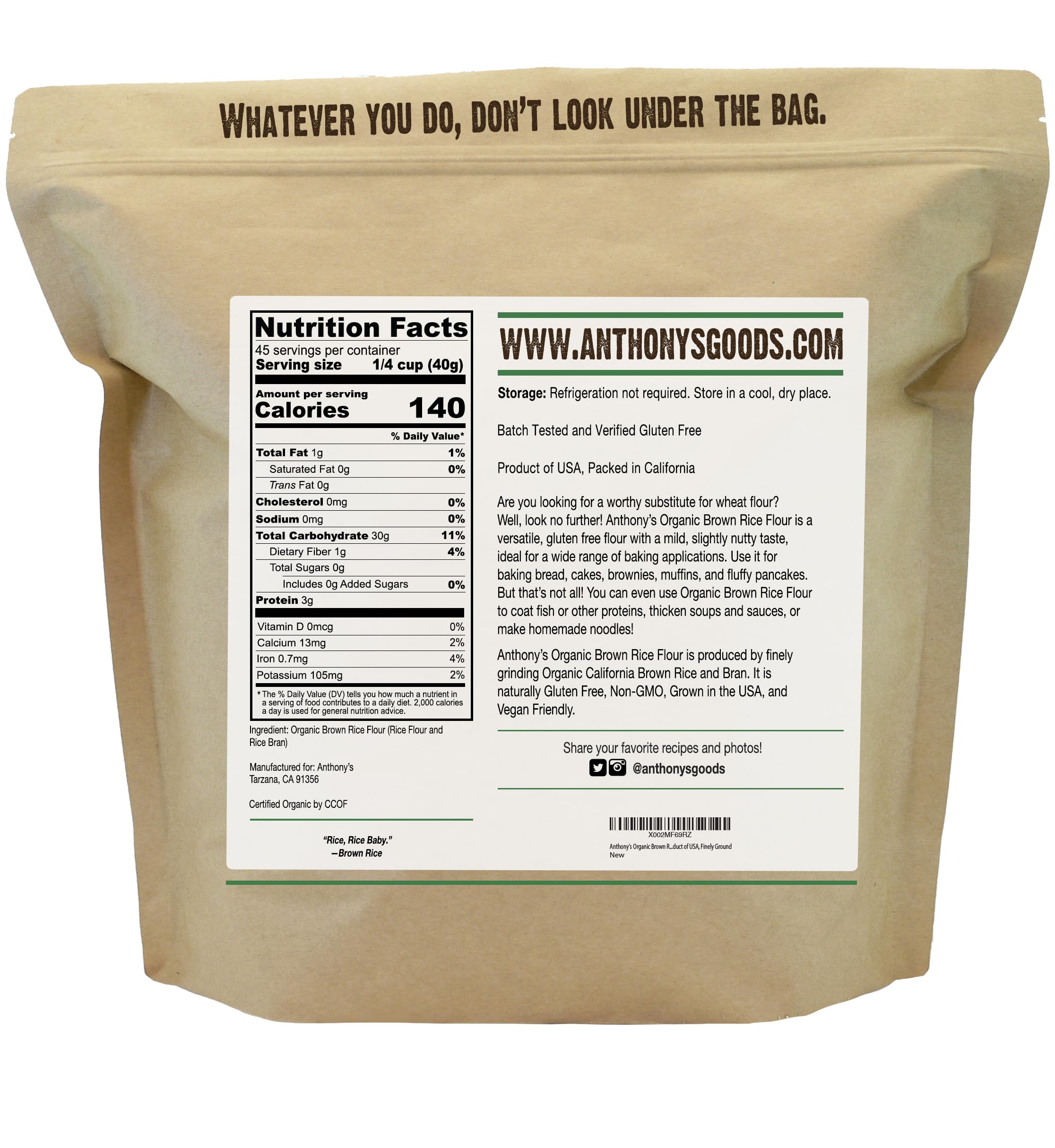 Anthony's Organic Brown Rice Flour close-up highlights fine texture for delicate recipes.