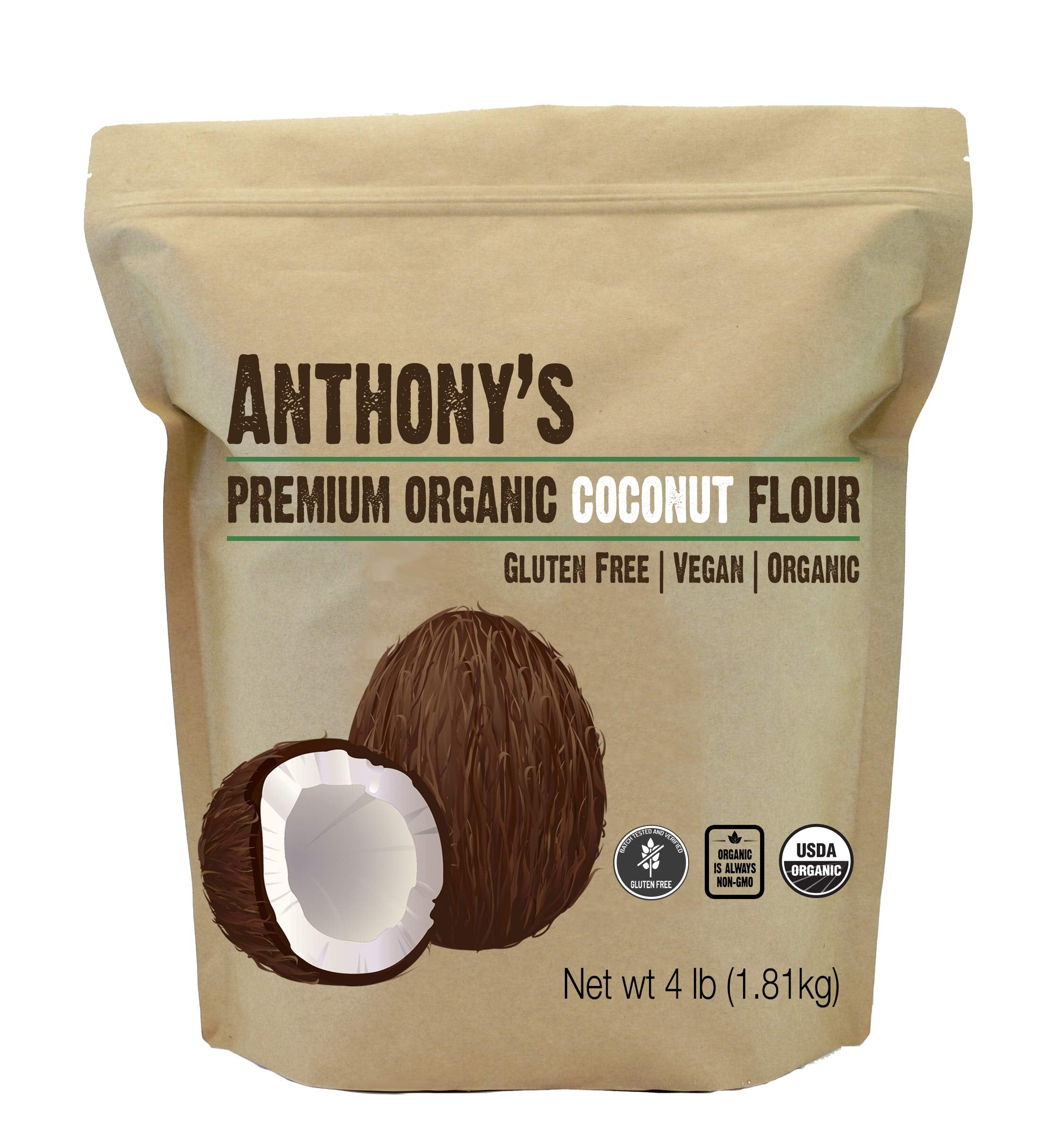 Anthony's Organic Coconut Flour bag on kitchen counter ready for gluten-free baking