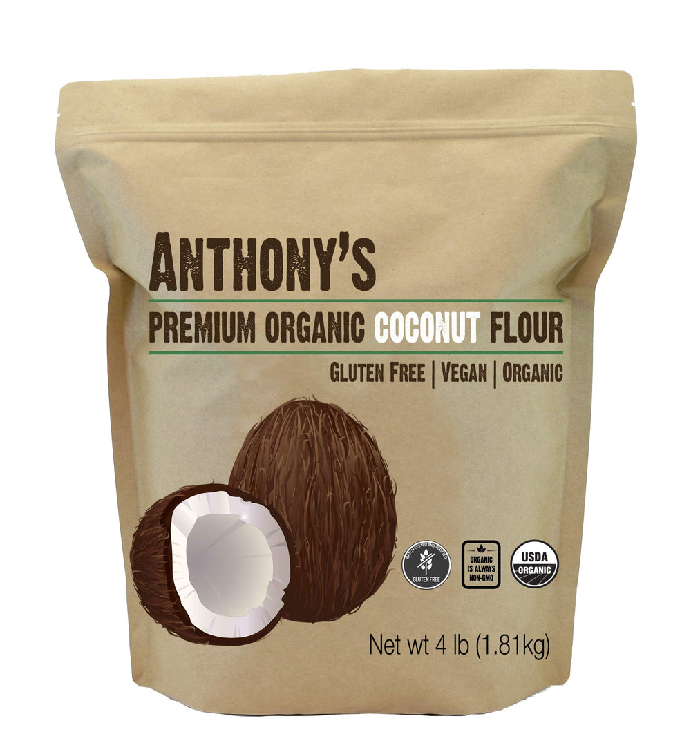 Anthony's Organic Coconut Flour bag on kitchen counter ready for gluten-free baking