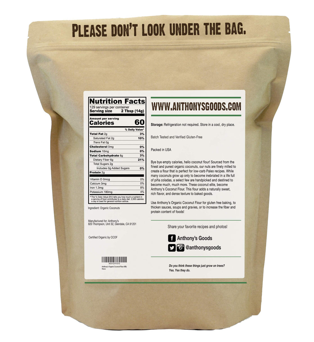Anthony's Organic Coconut Flour powder close-up showing fine texture for smooth batters