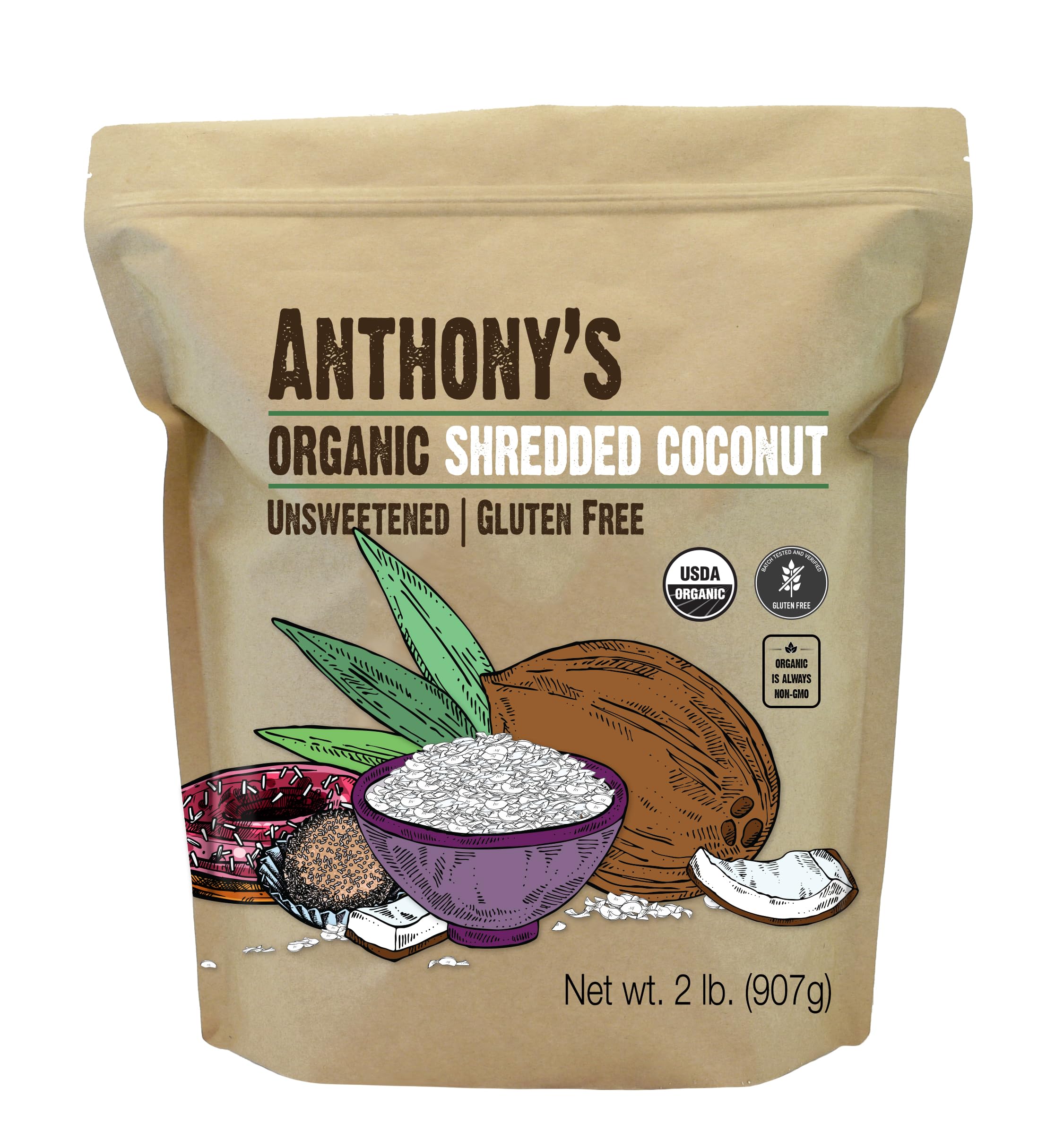 Anthony's Organic Shredded Coconut bag ready for gluten-free baking and topping.
