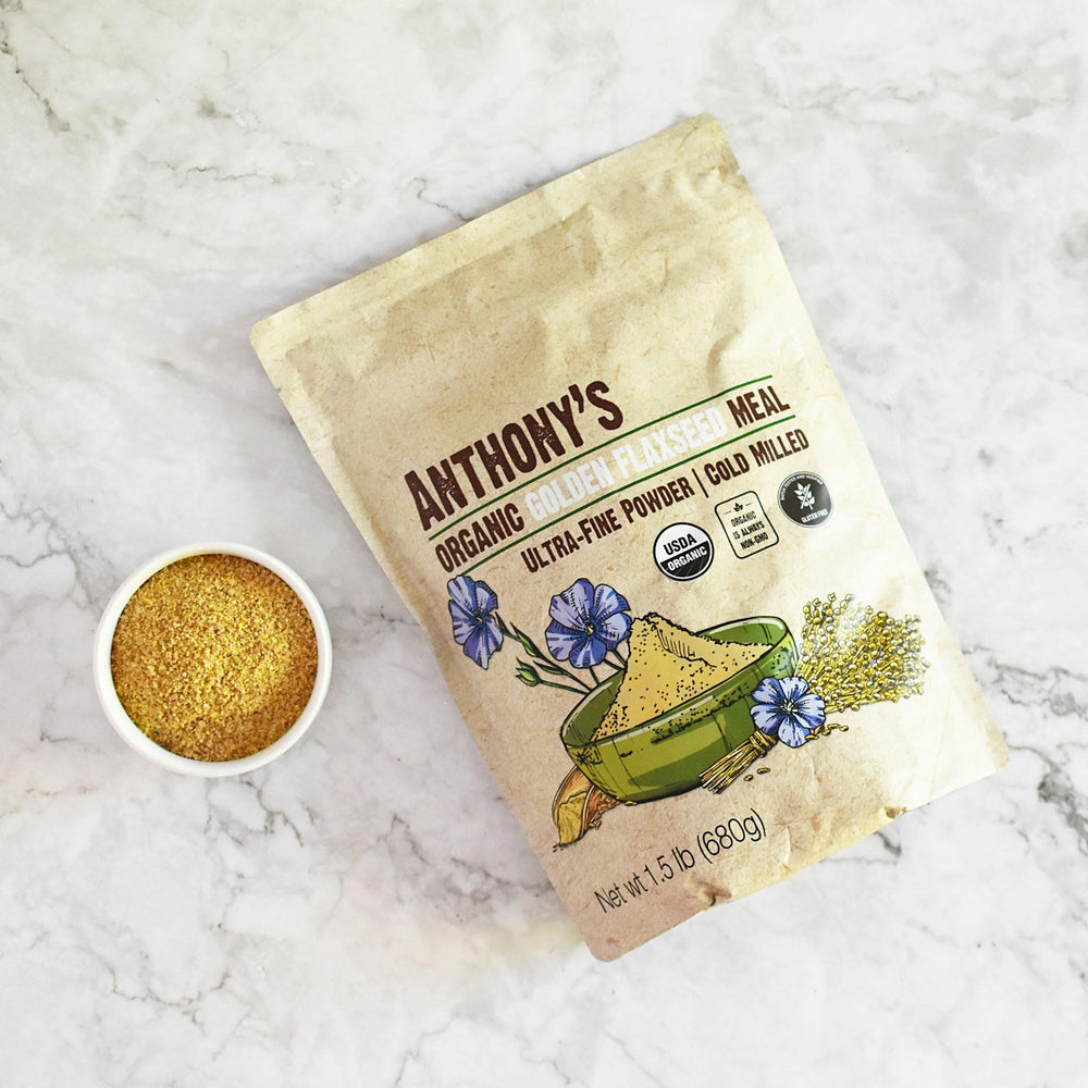 Anthony's logo on gluten-free flaxseed meal packaging.