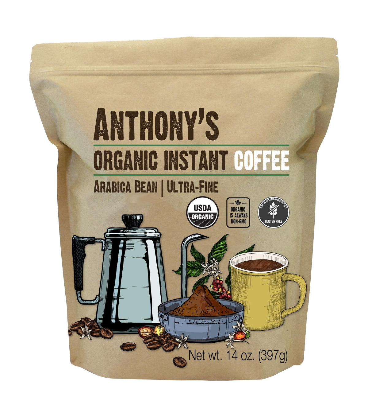 Anthony's Organic Instant Coffee 14oz front label highlighting gluten-free and non-GMO status