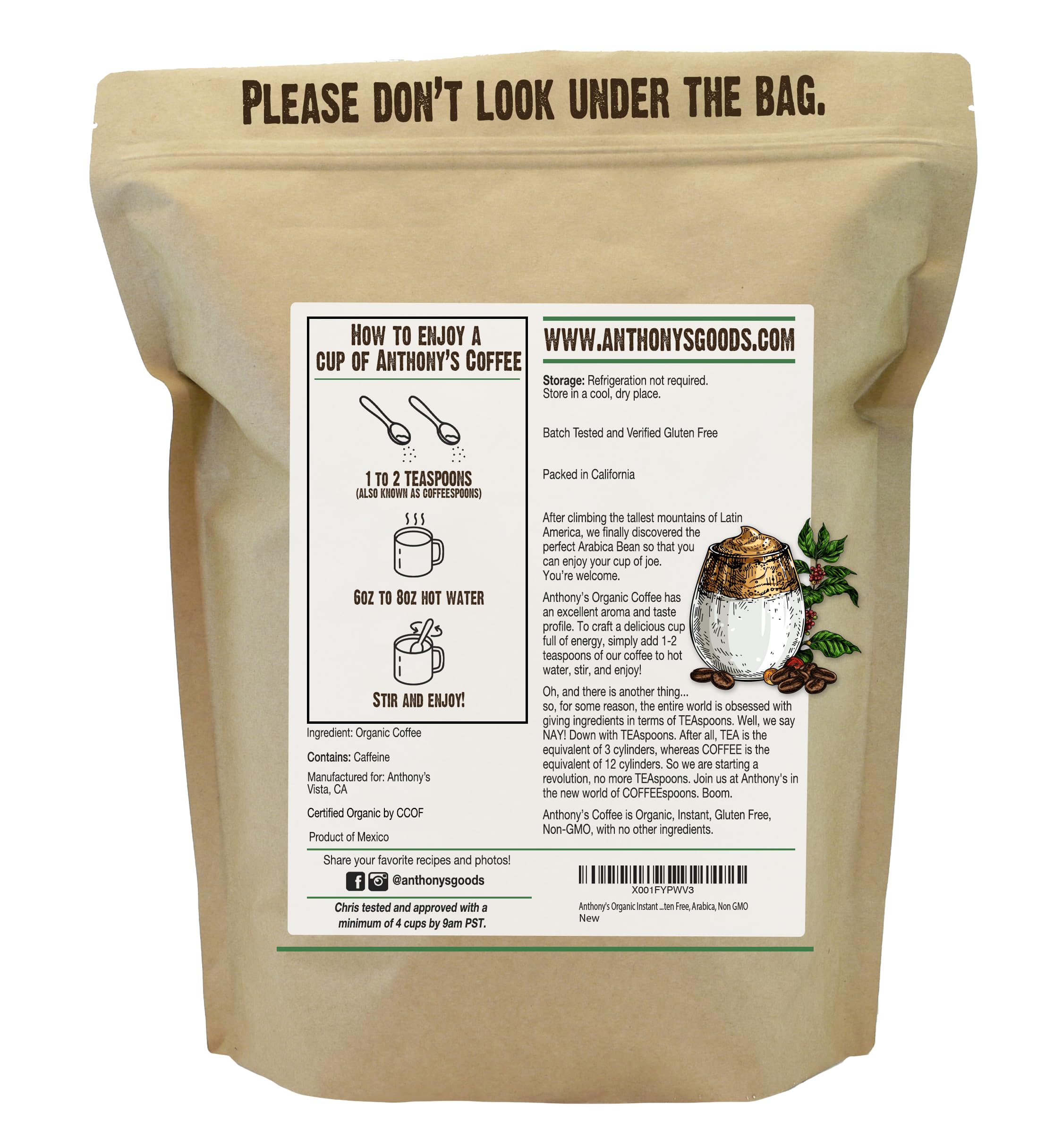 Anthony's Organic Instant Coffee microground powder dissolves quickly in hot water