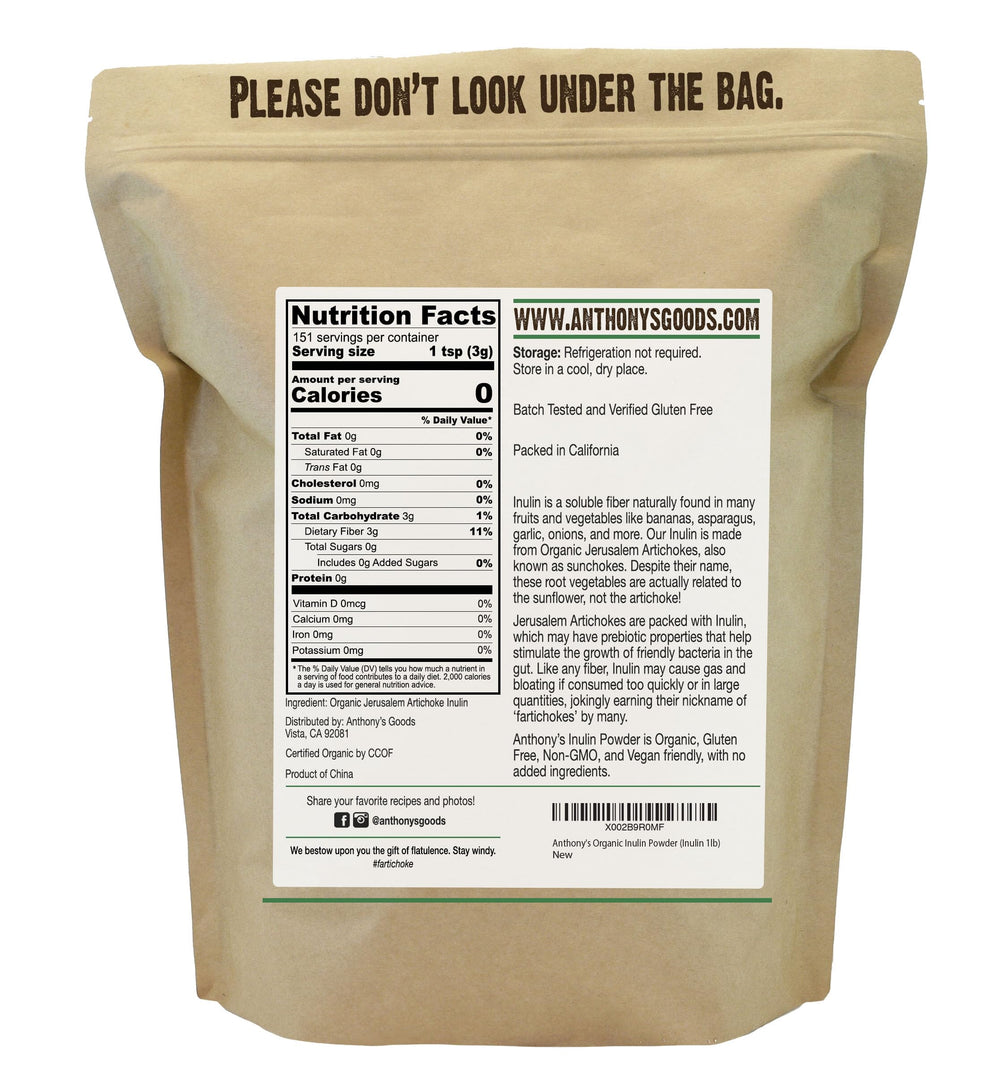 Anthony's Organic Inulin Powder label closeup highlights organic ingredients.