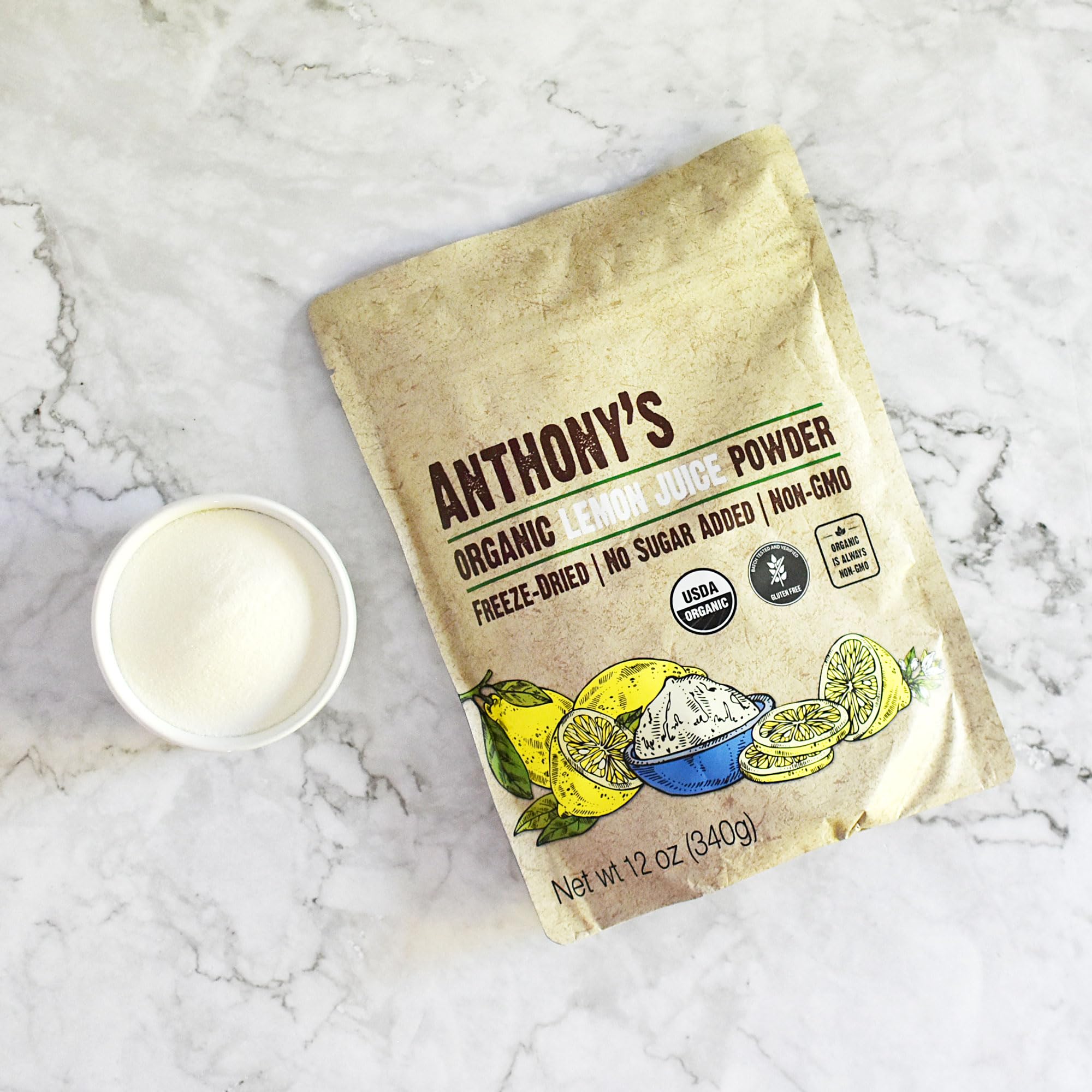 Anthony's Lemon Juice Powder lemonade glass showcases refreshing citrus flavor.