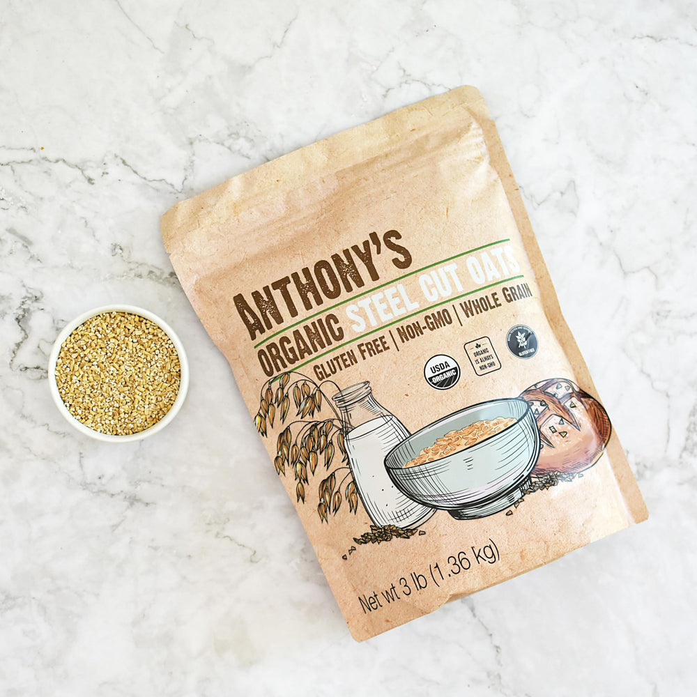 Anthony's Organic Oats bag with nutrition label emphasizing gluten-free and non-GMO features.
