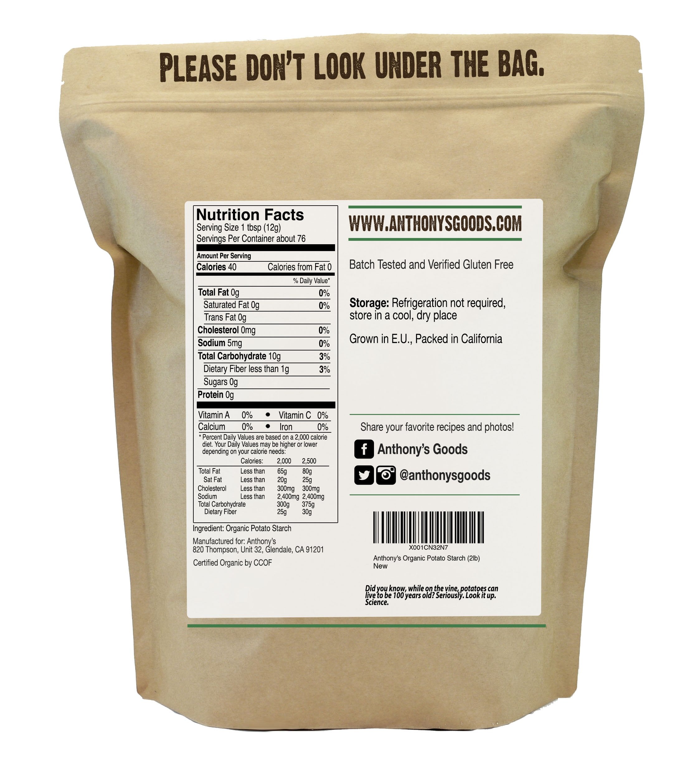 Anthony's Organic Potato Starch sourcing from 100% organic potatoes