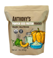 Anthony's Organic Pumpkin Seed Protein Powder canister; ideal protein boost for smoothies.
