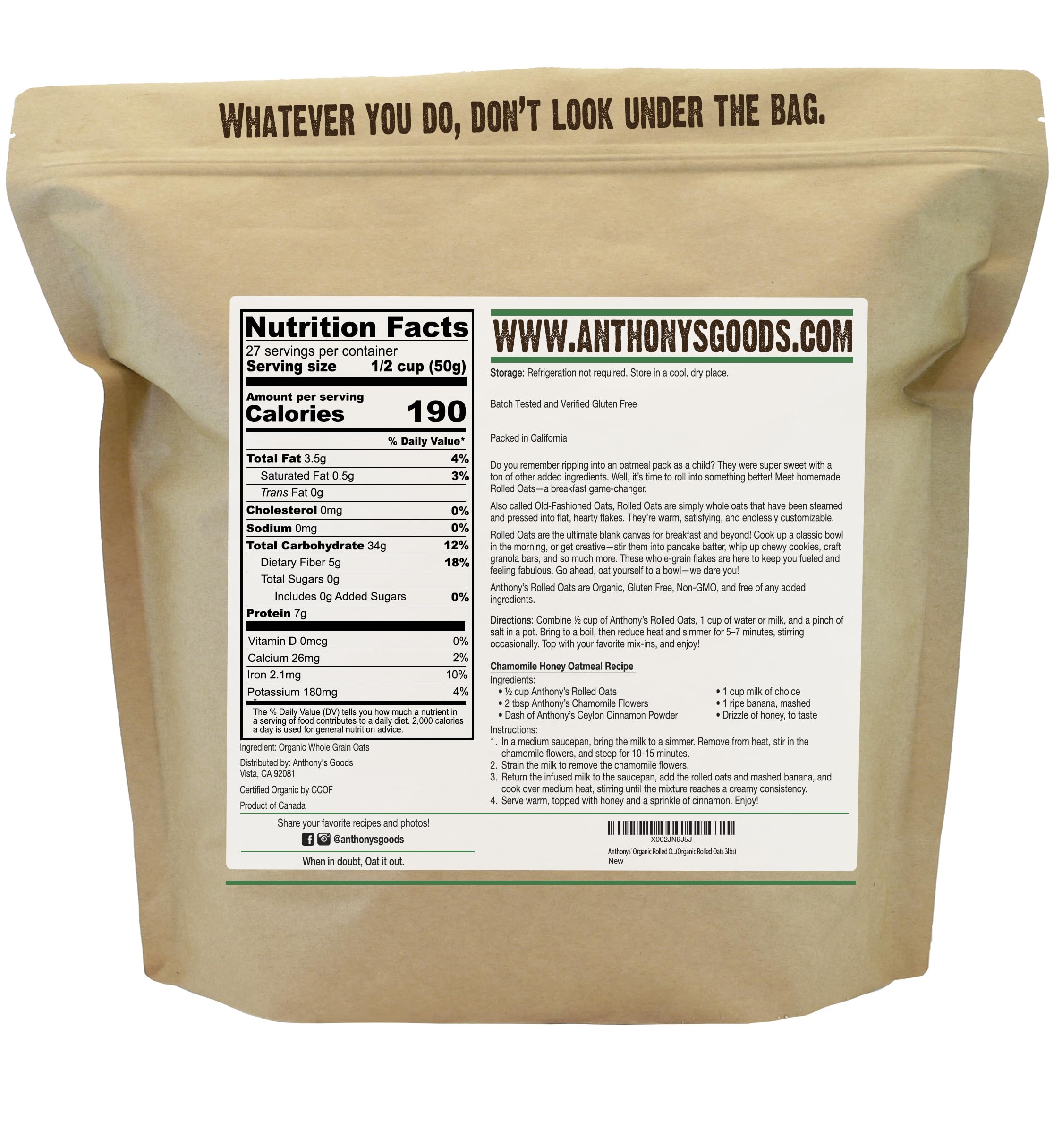 Anthony's oats label showing gluten-free batch testing for confidence