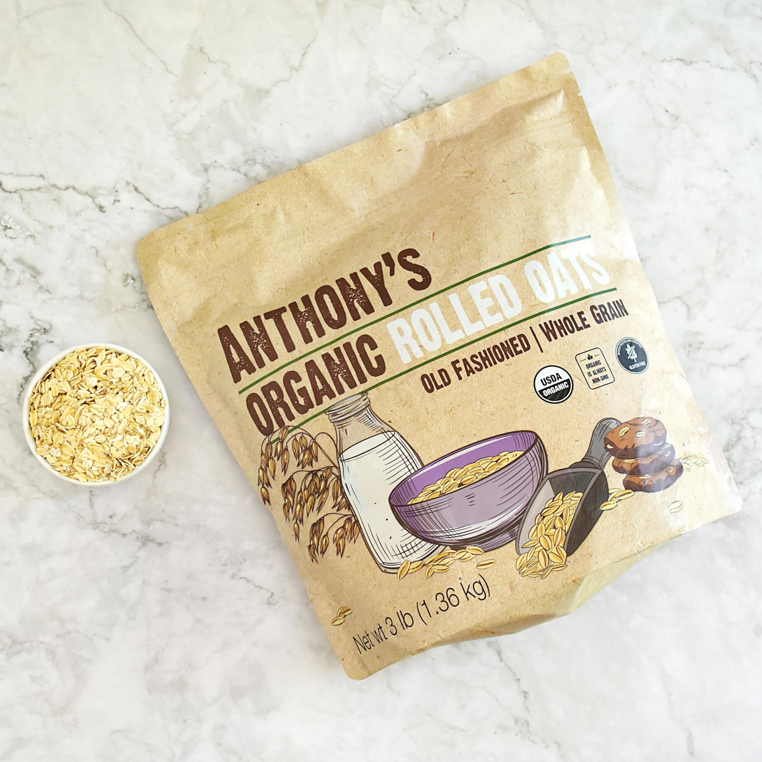 Anthony's oats on the counter with recipe ideas for pancakes and granola