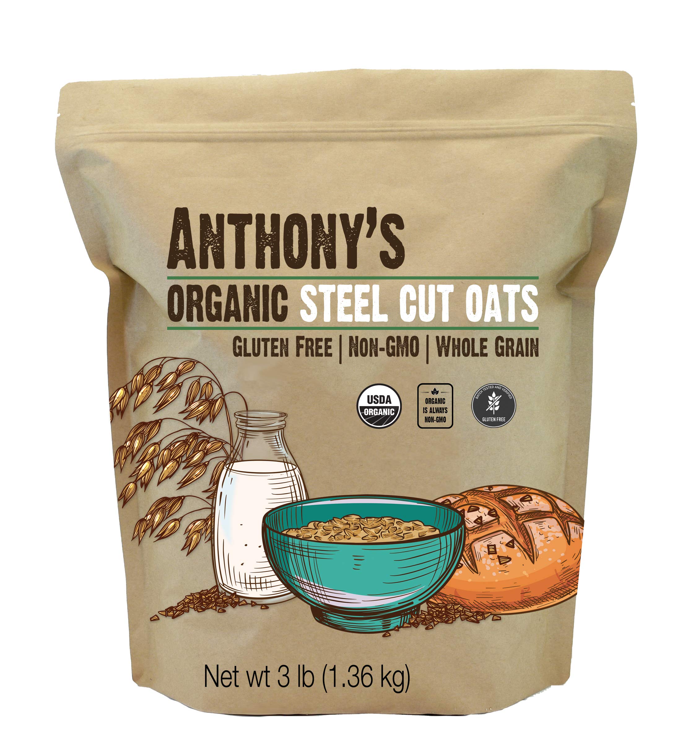 Anthony's Organic Steel Cut Oats bag showcases premium whole grain oats for breakfast.