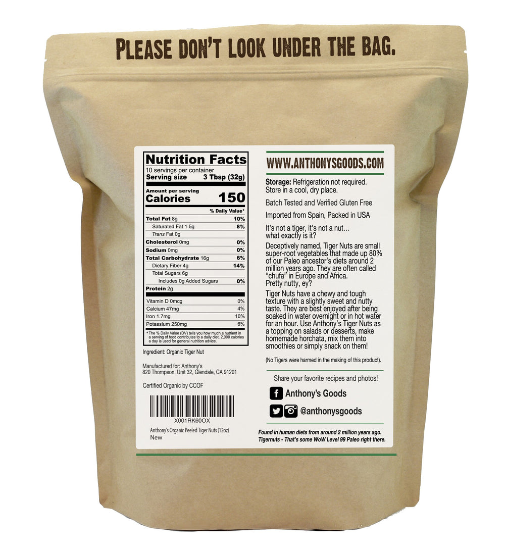 Anthony's Tiger Nuts close-up texture shows natural, nutty surface ideal for soaking.
