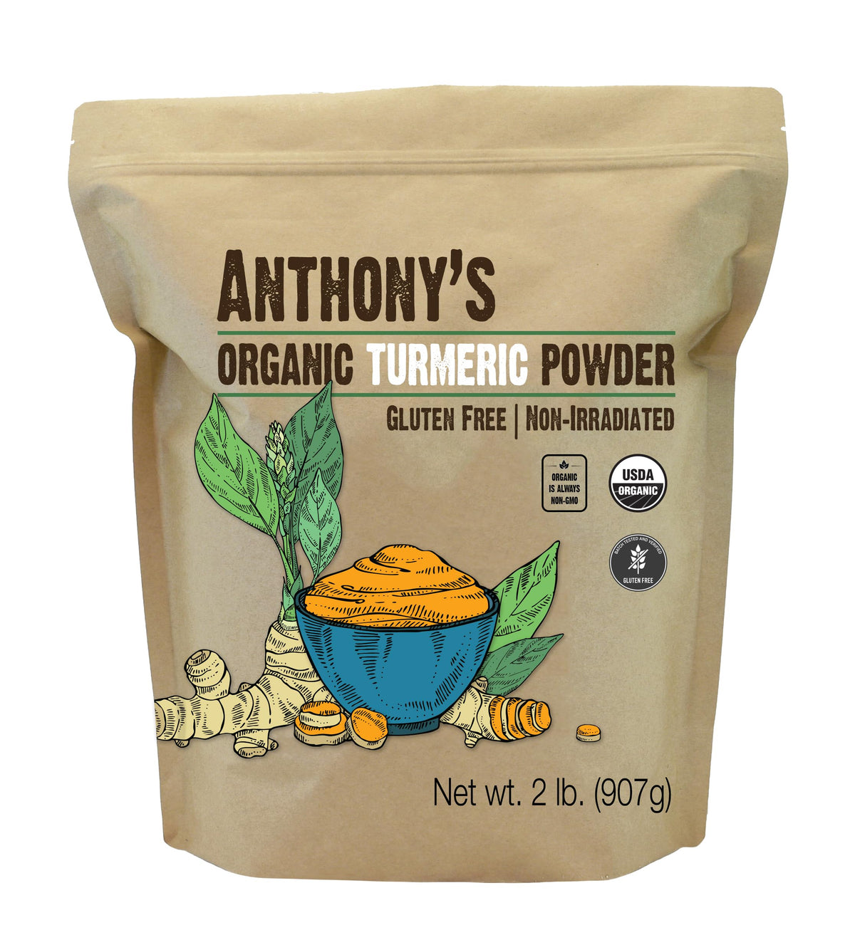Anthony's Organic Turmeric Powder packaging highlights organic quality and gluten-free credentials.