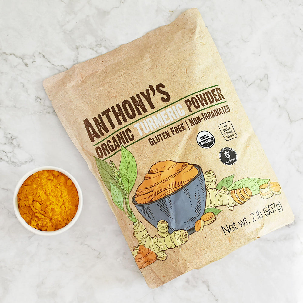 Anthony's Organic Turmeric Powder label back notes non-GMO and gluten-free claims.