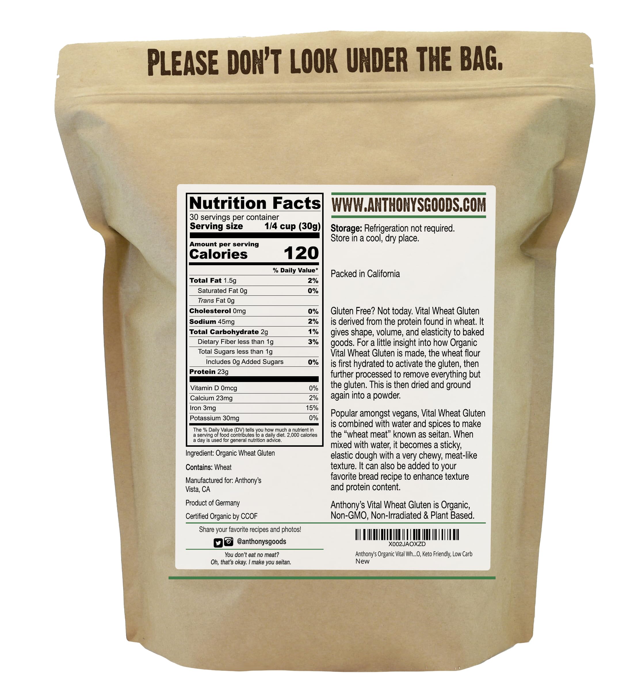 Anthony's Organic Vital Wheat Gluten pour showcasing easy measuring for vegan seitan.
