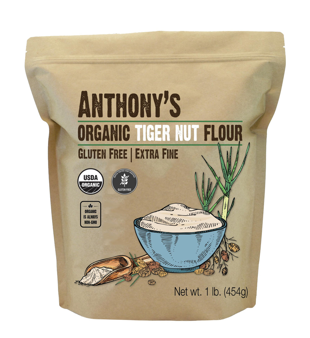 Anthony's Organic Tiger Nut Flour packaging shows a 1 lb bag for gluten-free baking