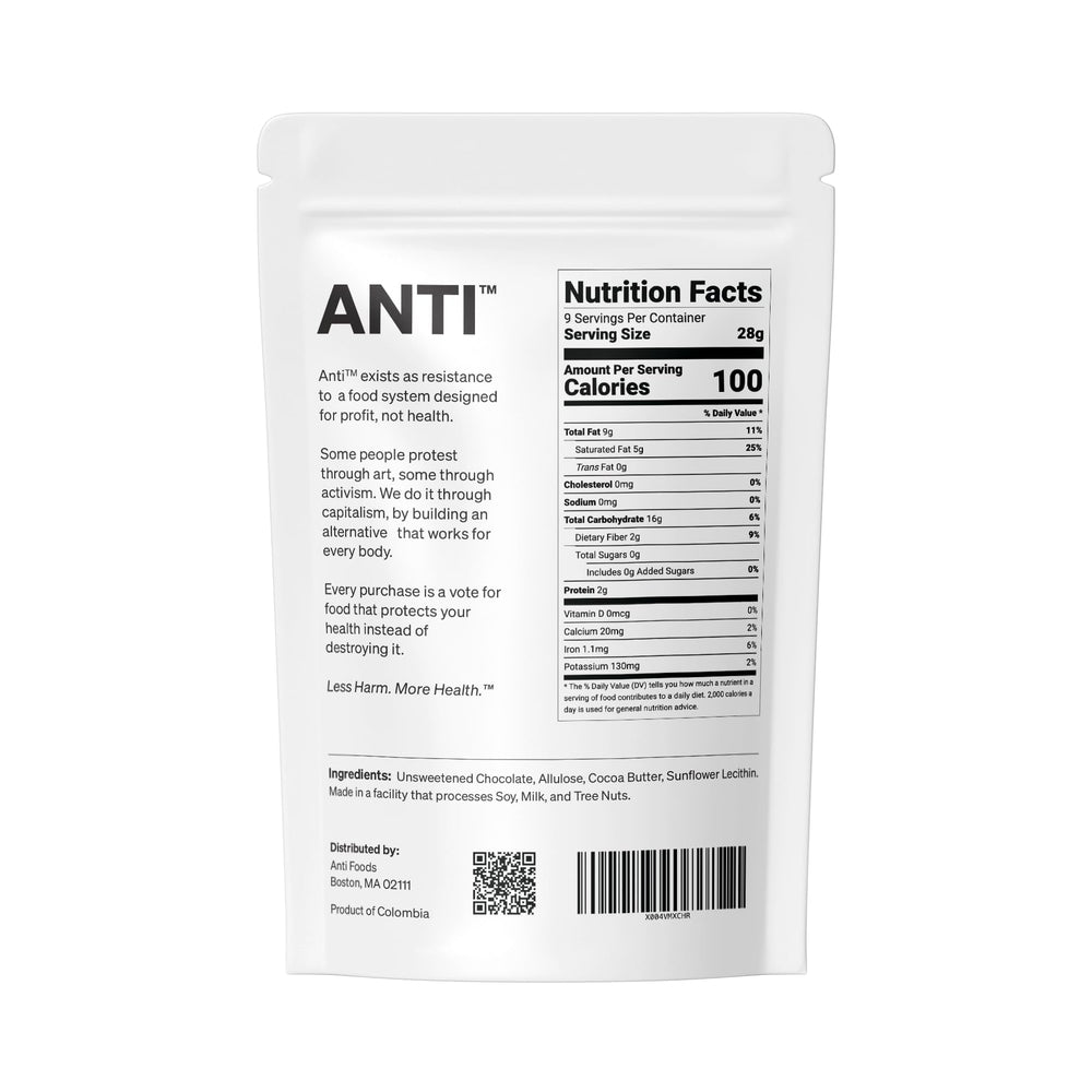 Anti Sugar Free Dark Chocolate Mini Chips bag close-up highlighting glossy chips for cookies.