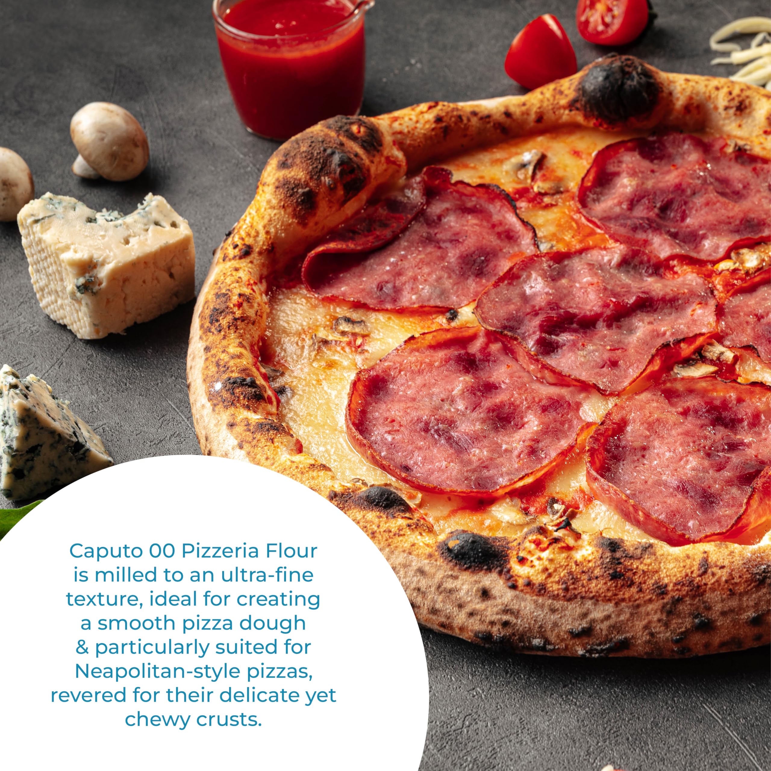 Antimo Caputo Pizzeria Flour Blue pizza in wood-fired oven with crisp crust