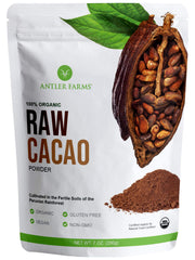 Antler Farms raw cacao powder package on kitchen shelf for baking and cooking