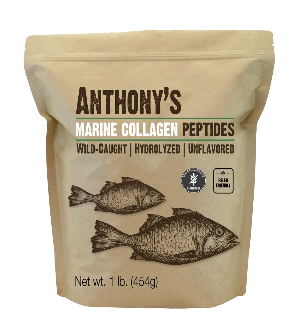 Anthony's hydrolyzed marine collagen bottle labeled gluten-free protein use.