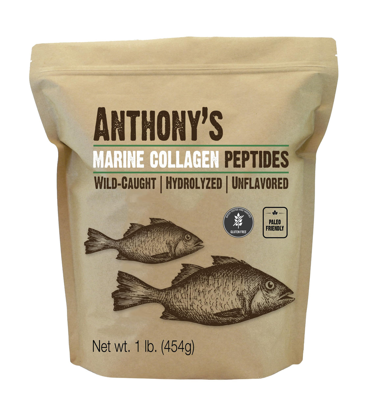 Anthony's hydrolyzed marine collagen bottle labeled gluten-free protein use.