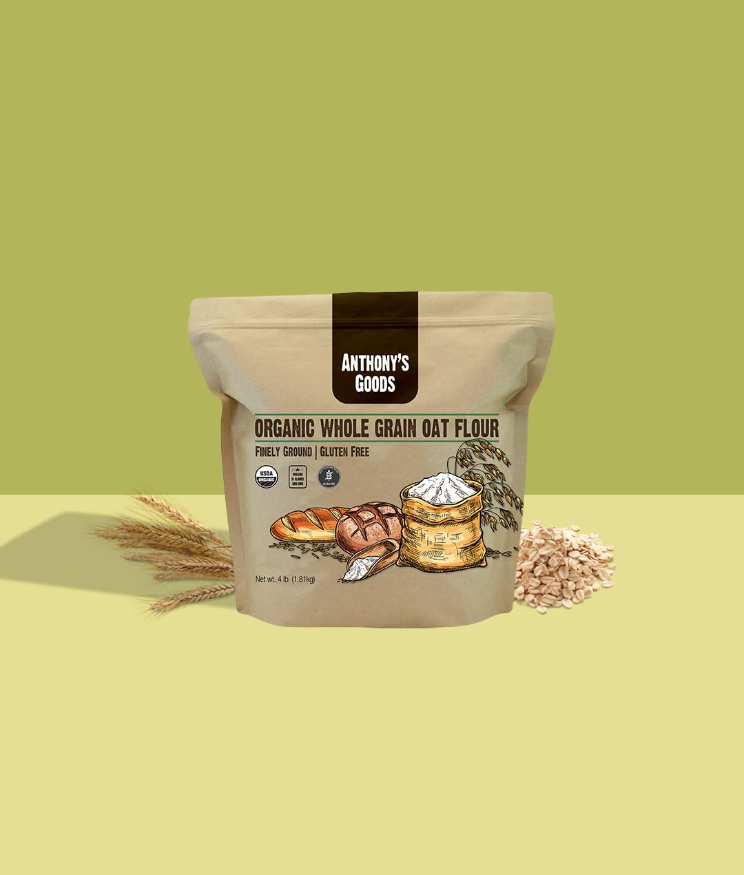 Anthony's Oat Flour bag with recipe tips for muffins, cookies, and brownies