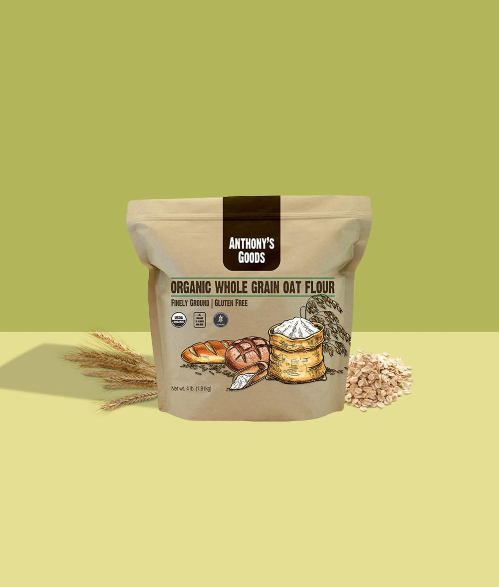 Anthony's Oat Flour bag with recipe tips for muffins, cookies, and brownies