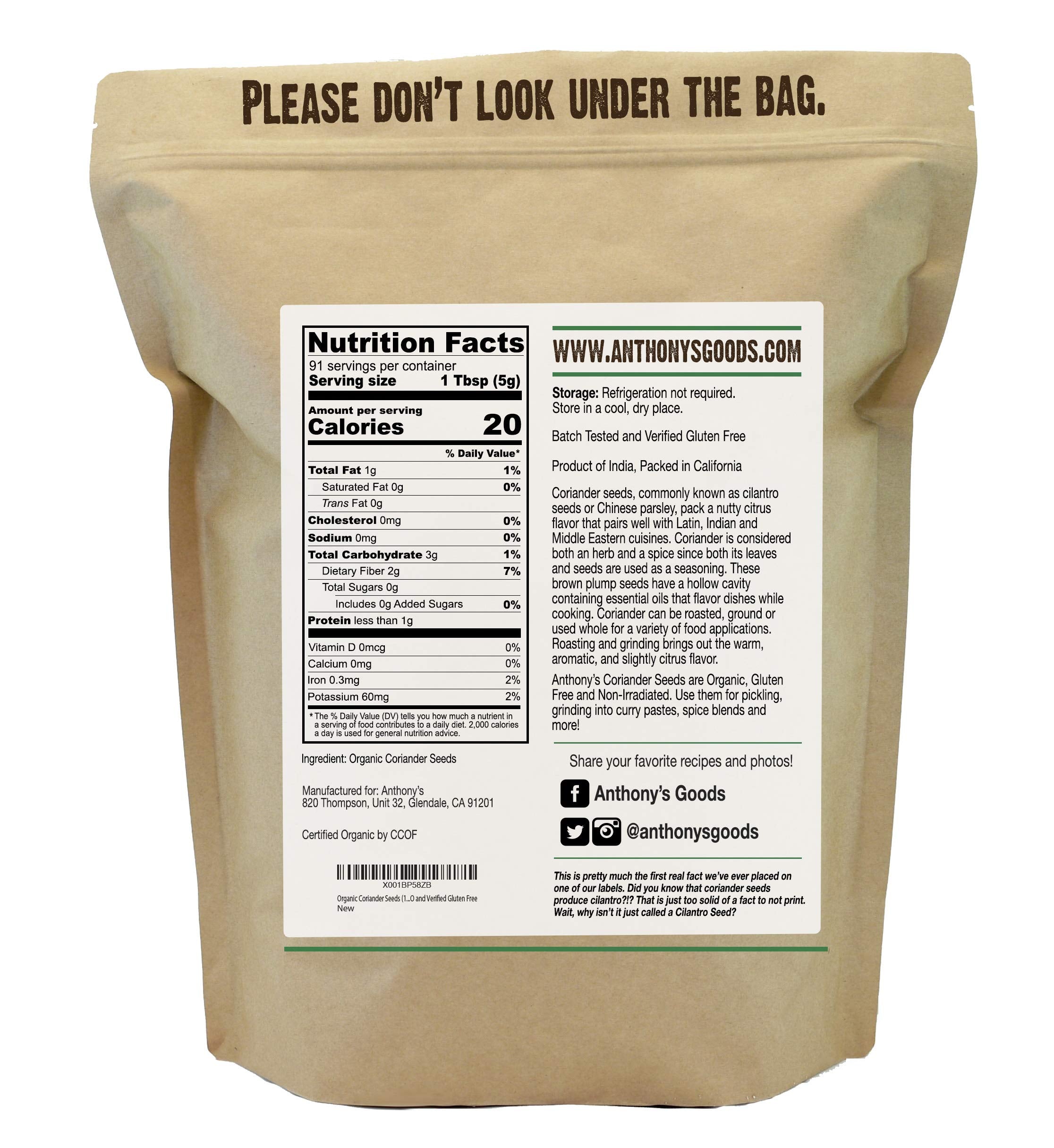 Anthony's Organic Coriander Seeds 1 lb bag back label — batch tested gluten-free