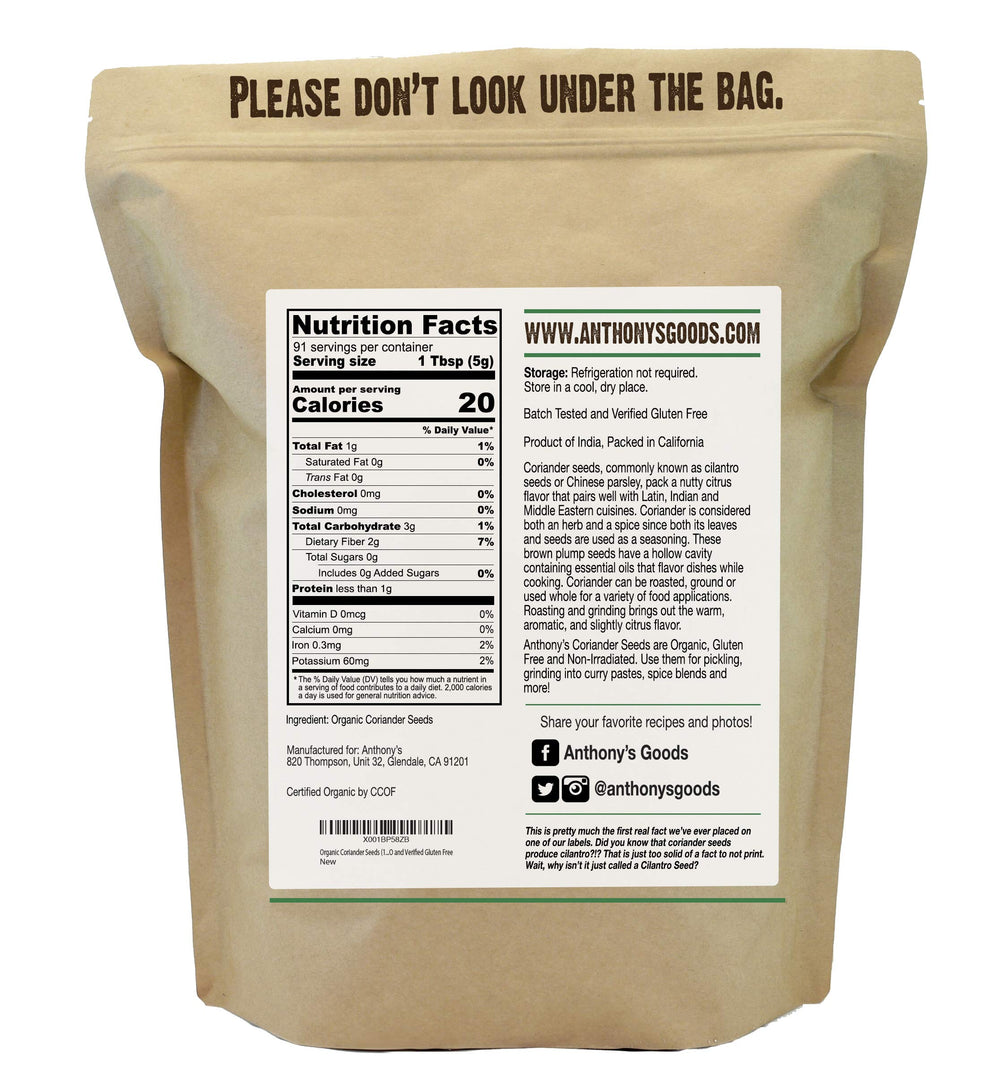 Anthony's Organic Coriander Seeds 1 lb bag back label — batch tested gluten-free
