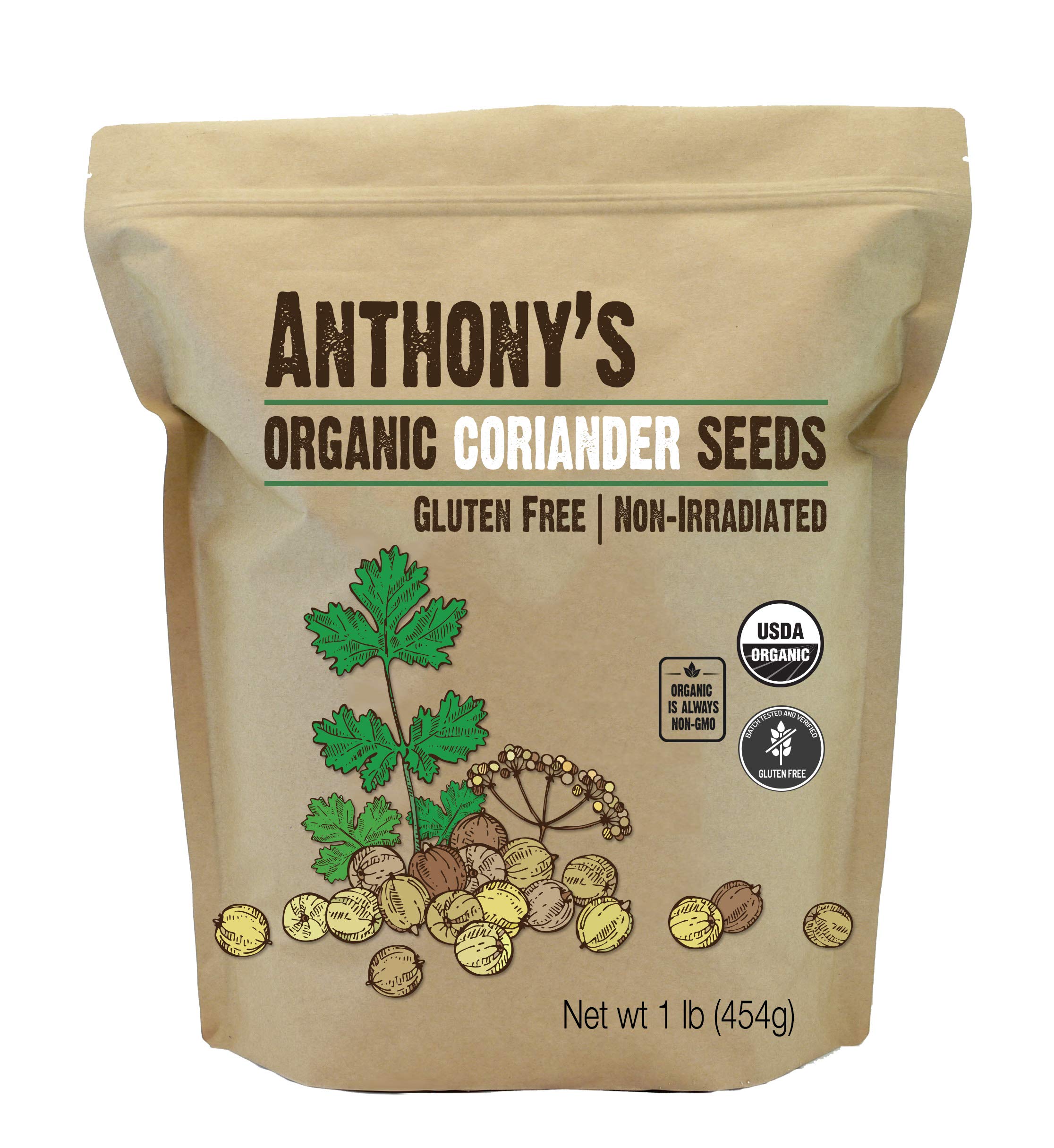 Anthony's Organic Coriander Seeds 1 lb bag front label for organic and gluten-free use